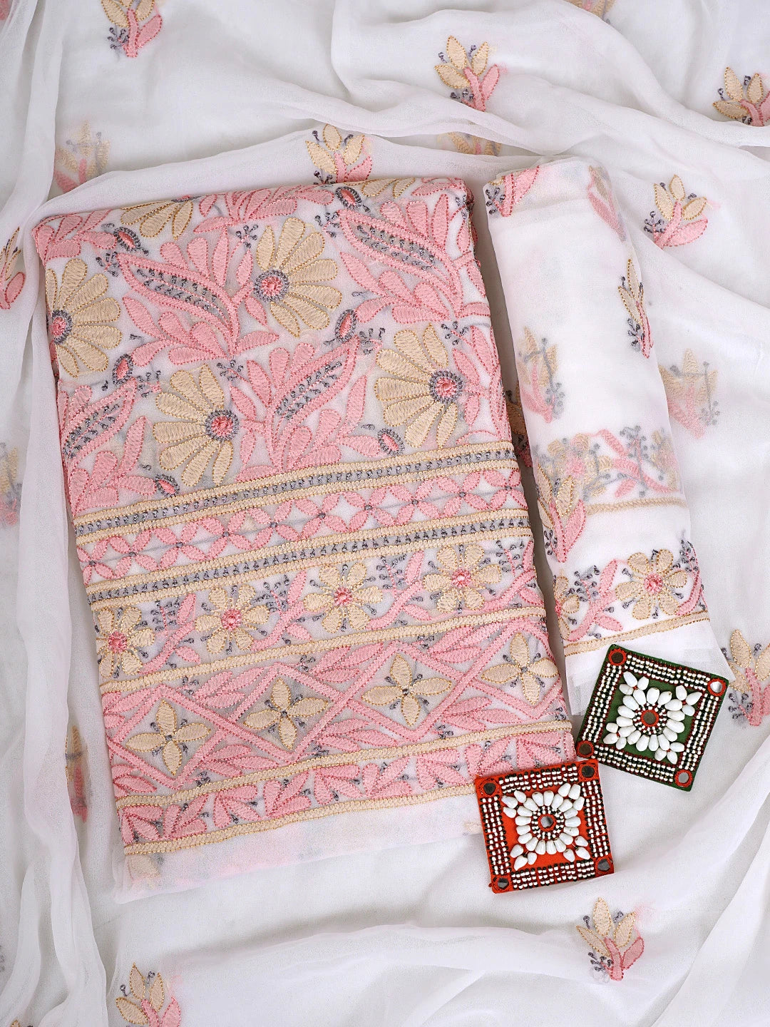 Ada Hand Embroidered White Ivory Georgette Lucknowi Chikankari Unstitched Suit Piece 01A931600