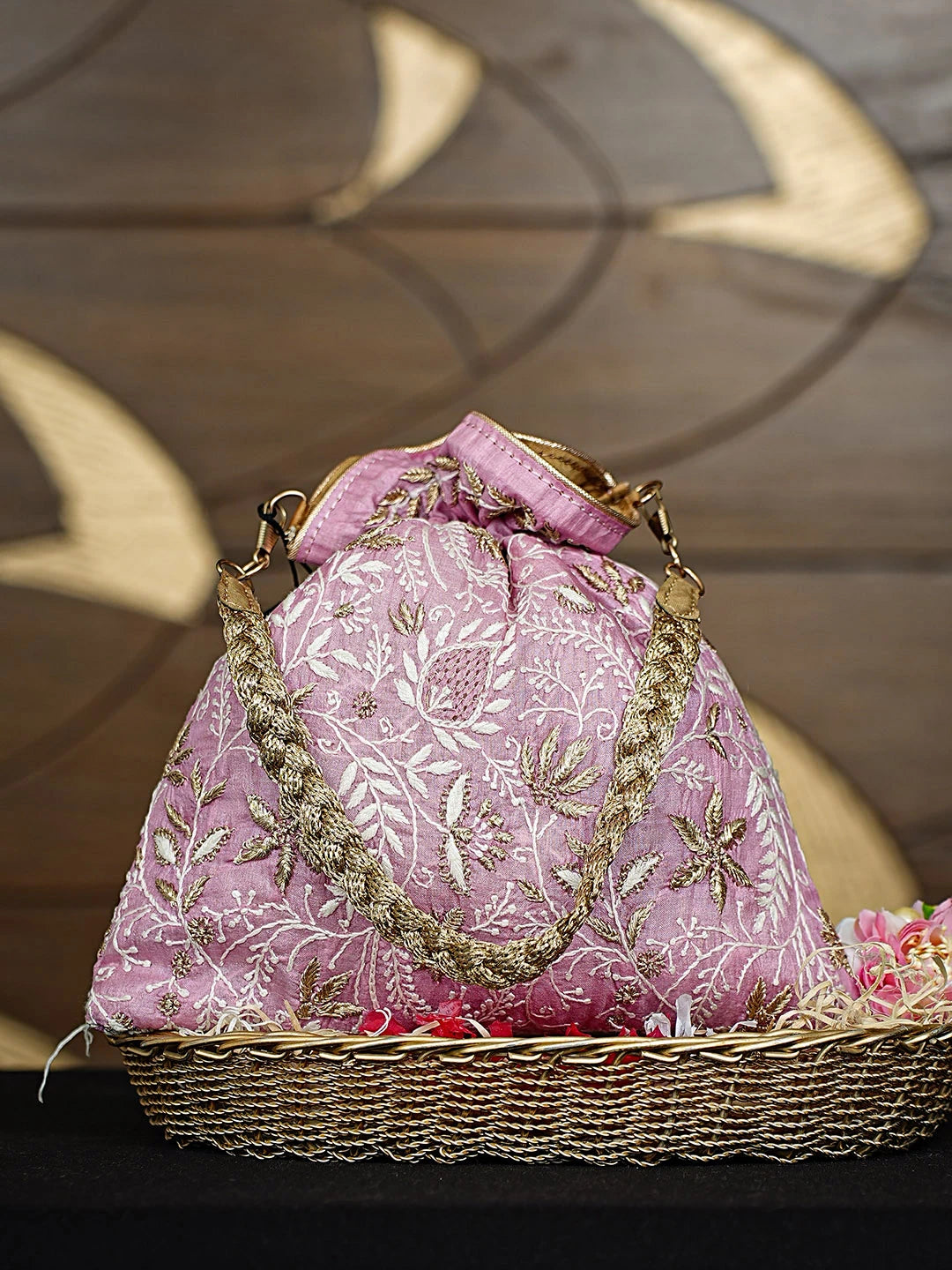 Ada Hand Embroidered Pink Silk Lucknowi Chikankari Potli Bag With Zari Work 01A924400