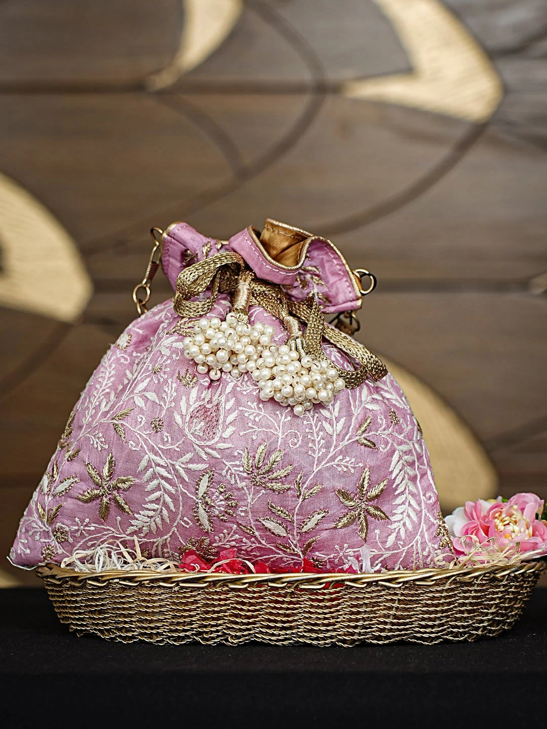 Ada Hand Embroidered Pink Silk Lucknowi Chikankari Potli Bag With Zari Work 01A924400