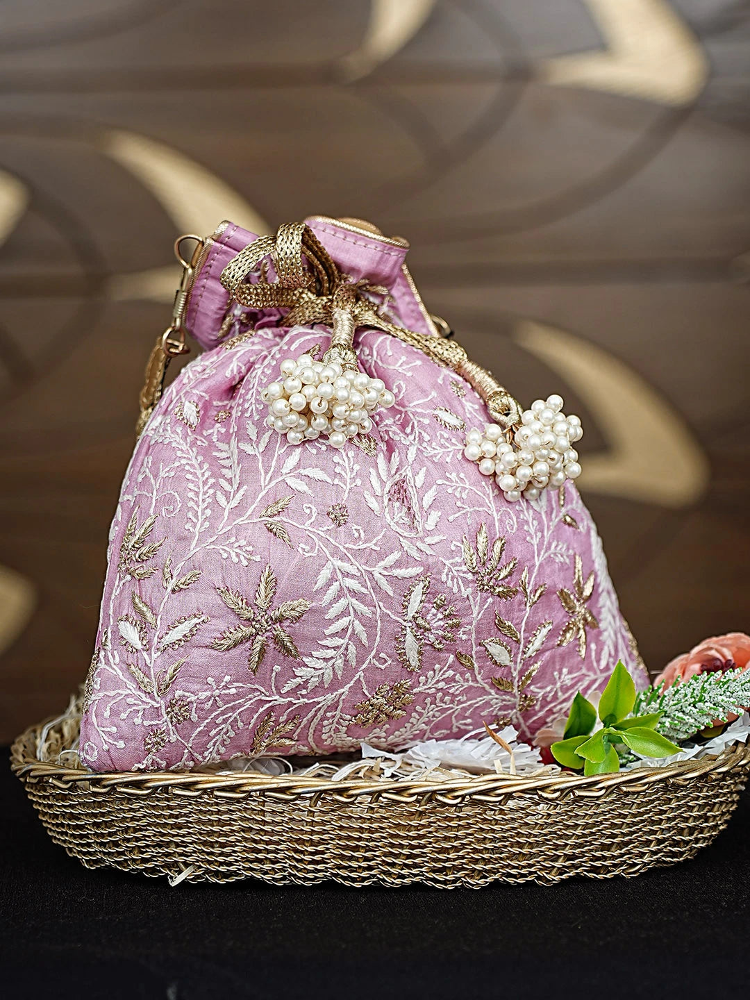 Ada Hand Embroidered Pink Silk Lucknowi Chikankari Potli Bag With Zari Work 01A924400