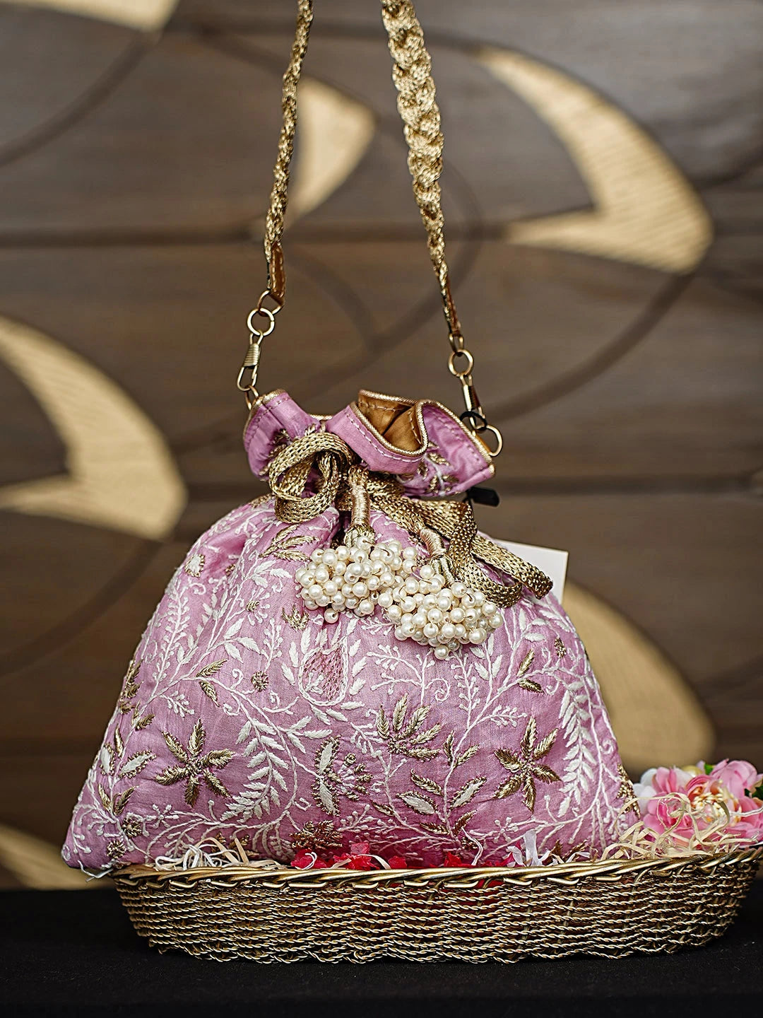 Ada Hand Embroidered Pink Silk Lucknowi Chikankari Potli Bag With Zari Work 01A924400