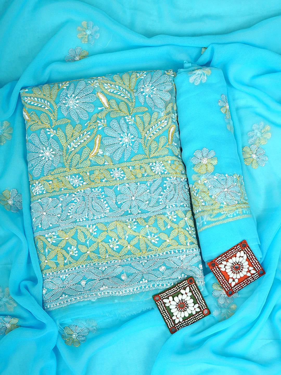 Ada Hand Embroidered Sky Surge Blue Georgette Lucknowi Chikankari Unstitched Suit Piece 01A931609