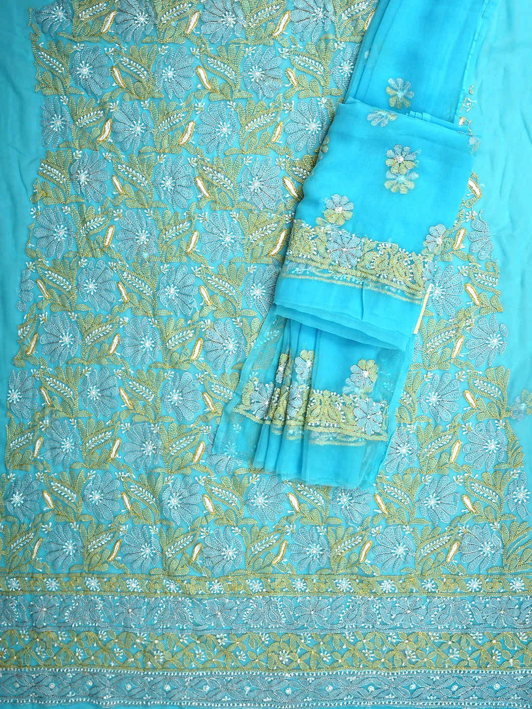 Ada Hand Embroidered Sky Surge Blue Georgette Lucknowi Chikankari Unstitched Suit Piece 01A931609