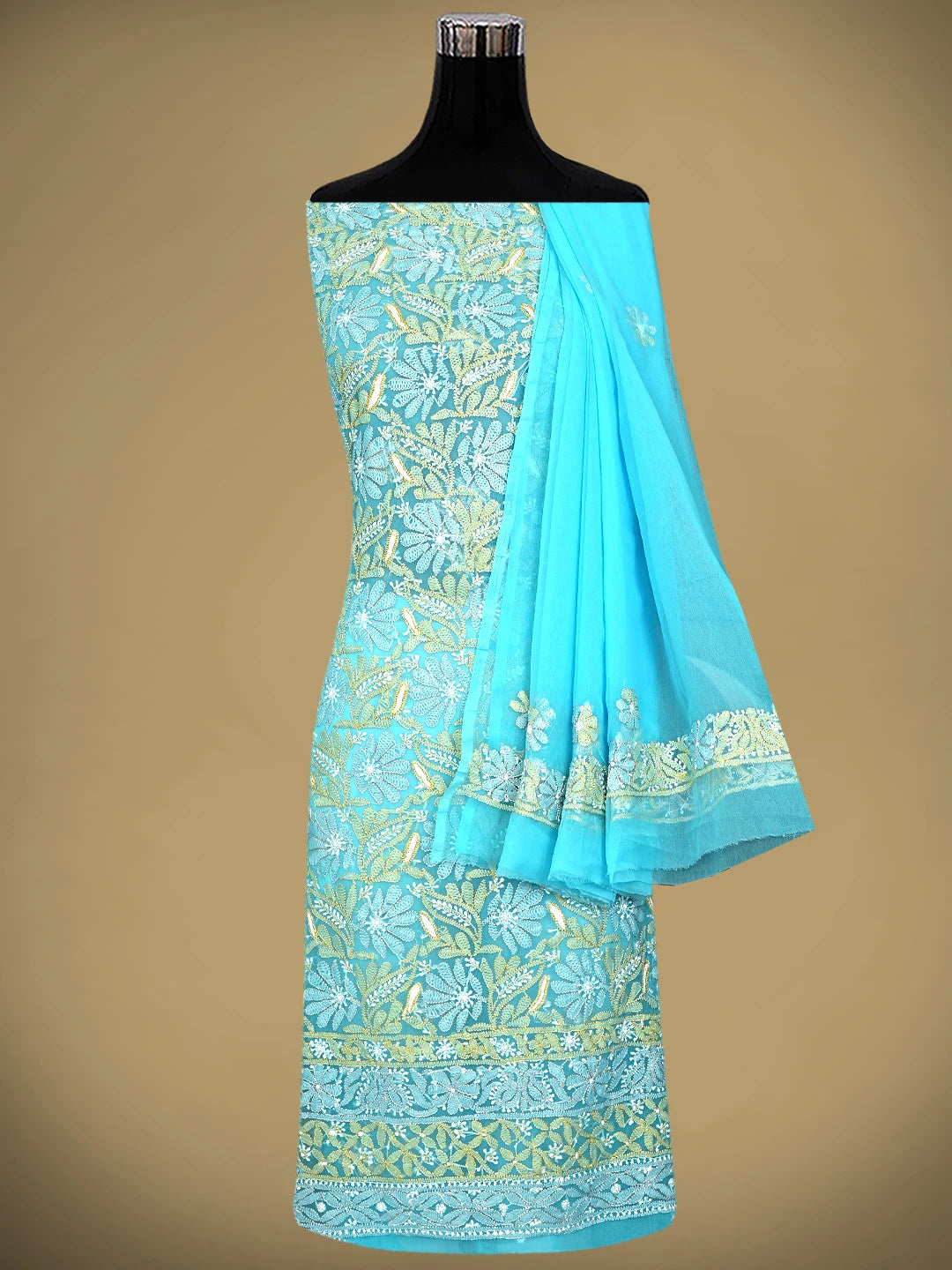 Ada Hand Embroidered Sky Surge Blue Georgette Lucknowi Chikankari Unstitched Suit Piece 01A931609