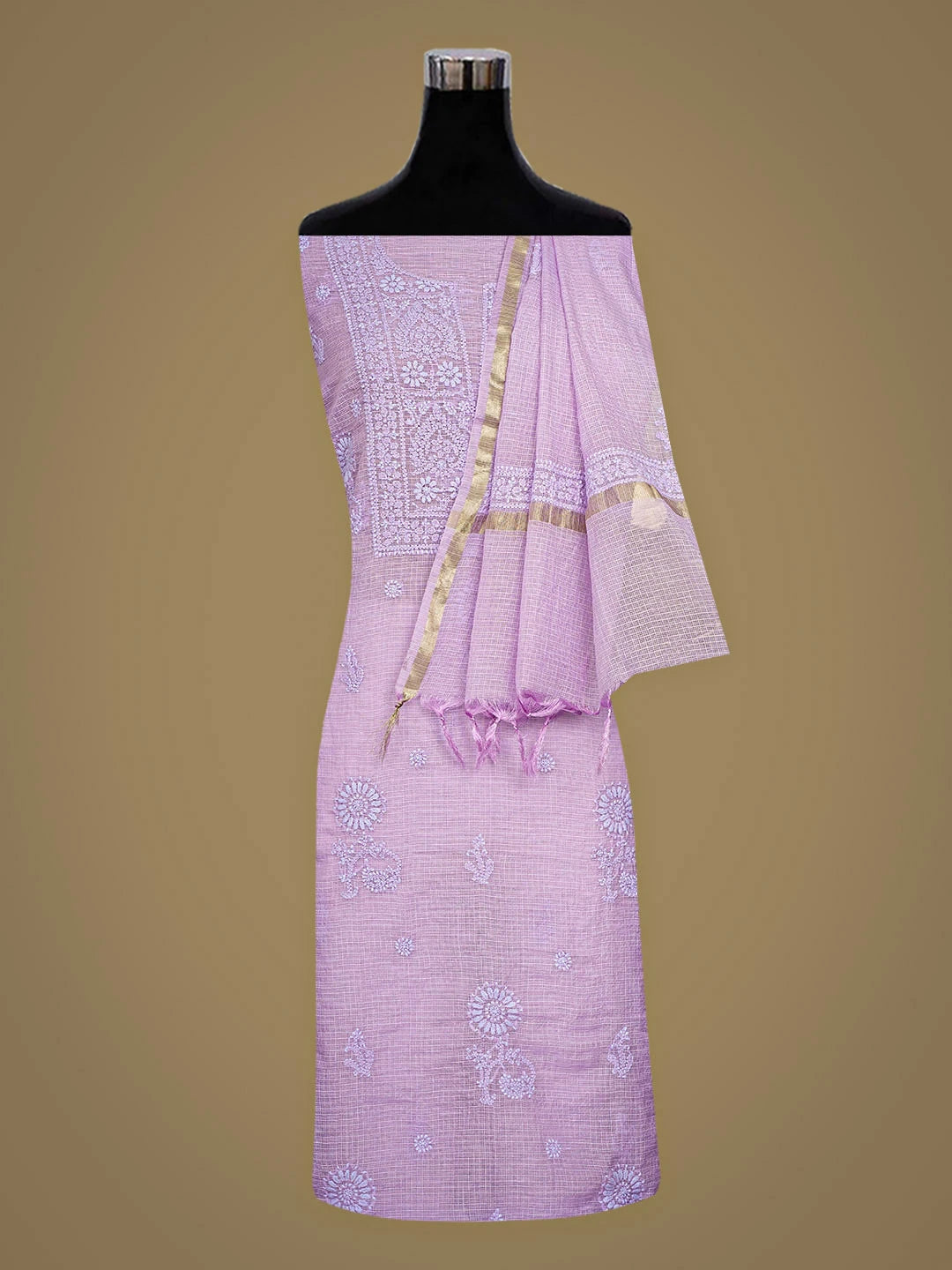 Ada Hand Embroidered Mauve Kota Chanderi Lucknowi Chikankari Unstitched Kurta Dupatta Set 01A890394
