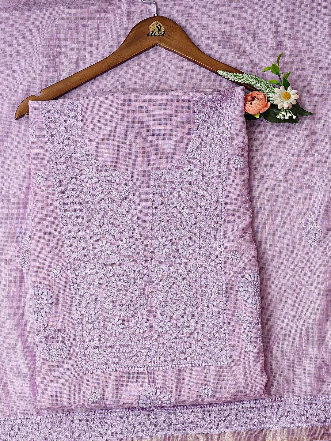 Ada Hand Embroidered Mauve Kota Chanderi Lucknowi Chikankari Unstitched Kurta Dupatta Set 01A890394