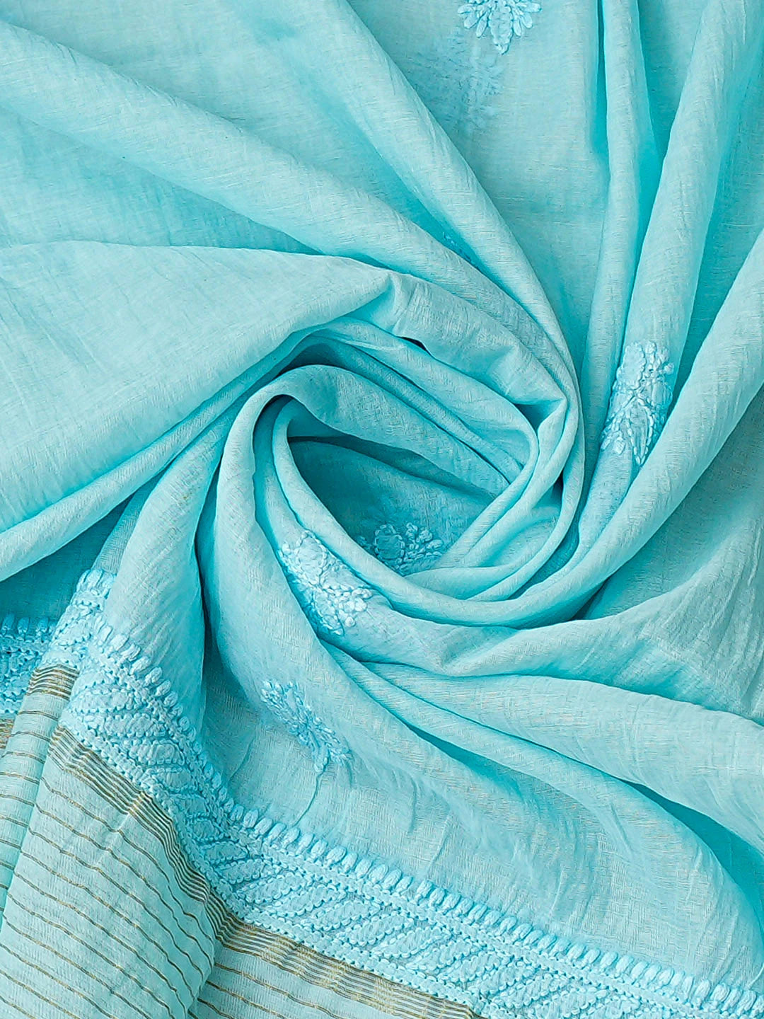 Ada Hand Embroidered Pale Cyan Chanderi Lucknowi Chikankari Unstitched Kurta Dupatta Set 01A890060