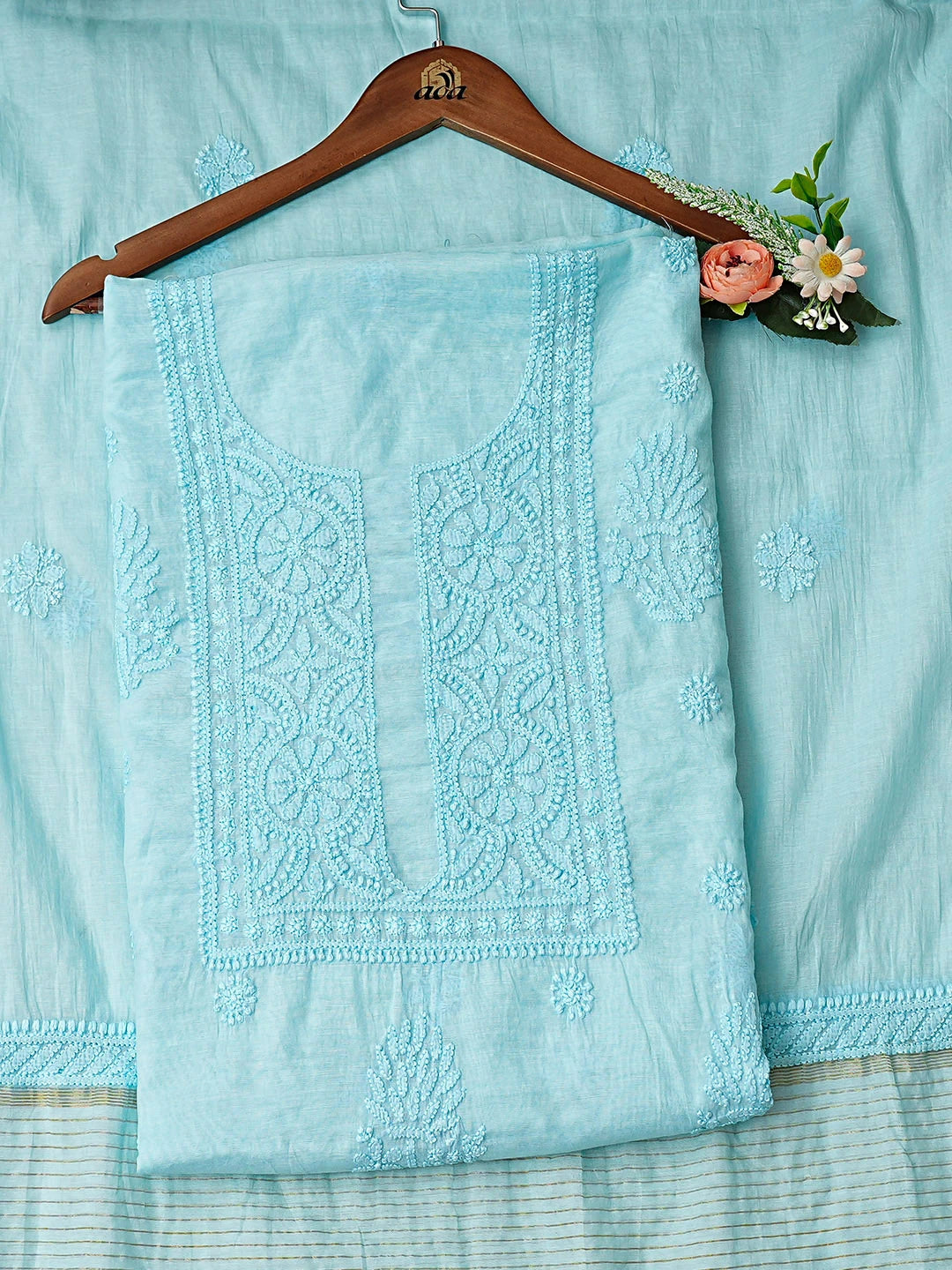 Ada Hand Embroidered Pale Cyan Chanderi Lucknowi Chikankari Unstitched Kurta Dupatta Set 01A890060