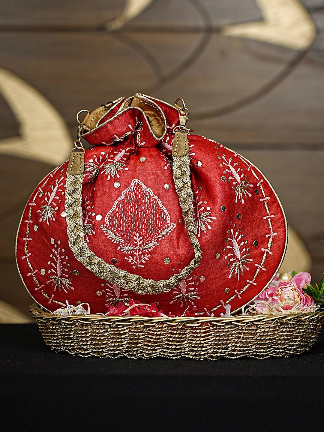 Ada Hand Embroidered Red Silk Lucknowi Chikankari Potli Bag With Zari Work 01A924336