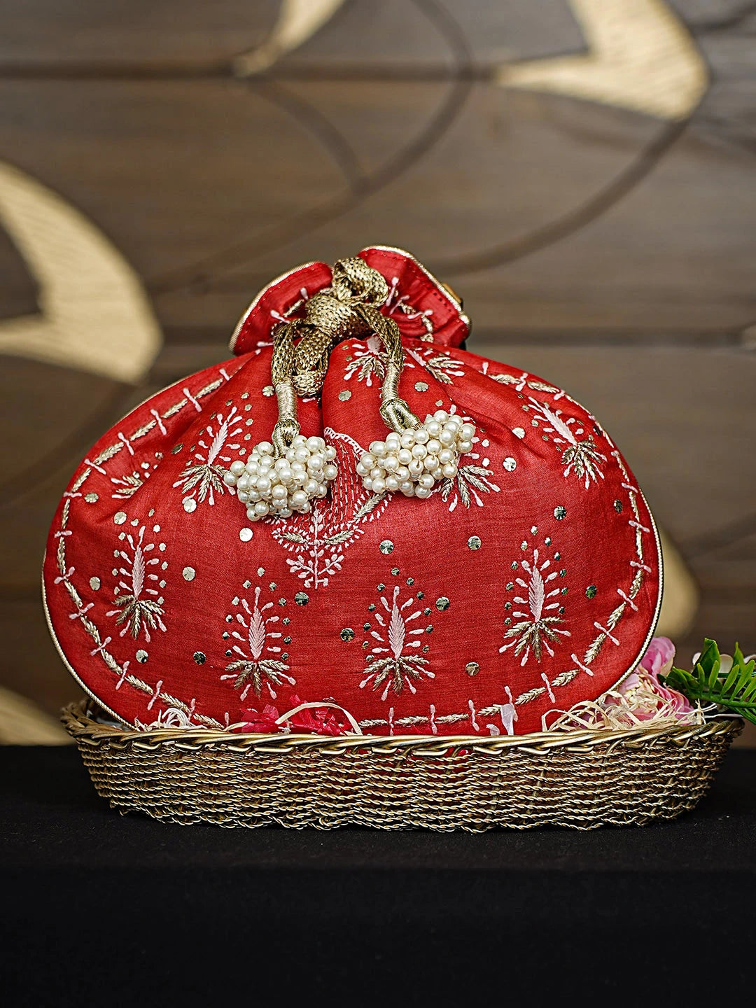 Ada Hand Embroidered Red Silk Lucknowi Chikankari Potli Bag With Zari Work 01A924336