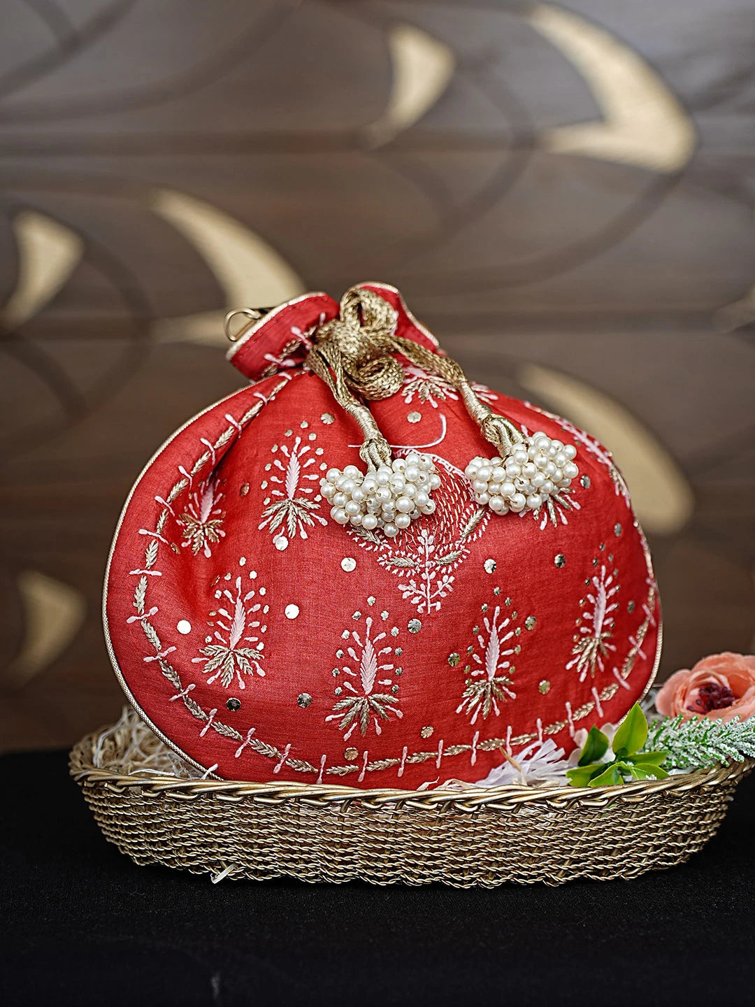 Ada Hand Embroidered Red Silk Lucknowi Chikankari Potli Bag With Zari Work 01A924336
