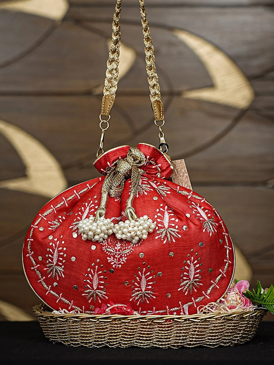 Ada Hand Embroidered Red Silk Lucknowi Chikankari Potli Bag With Zari Work 01A924336