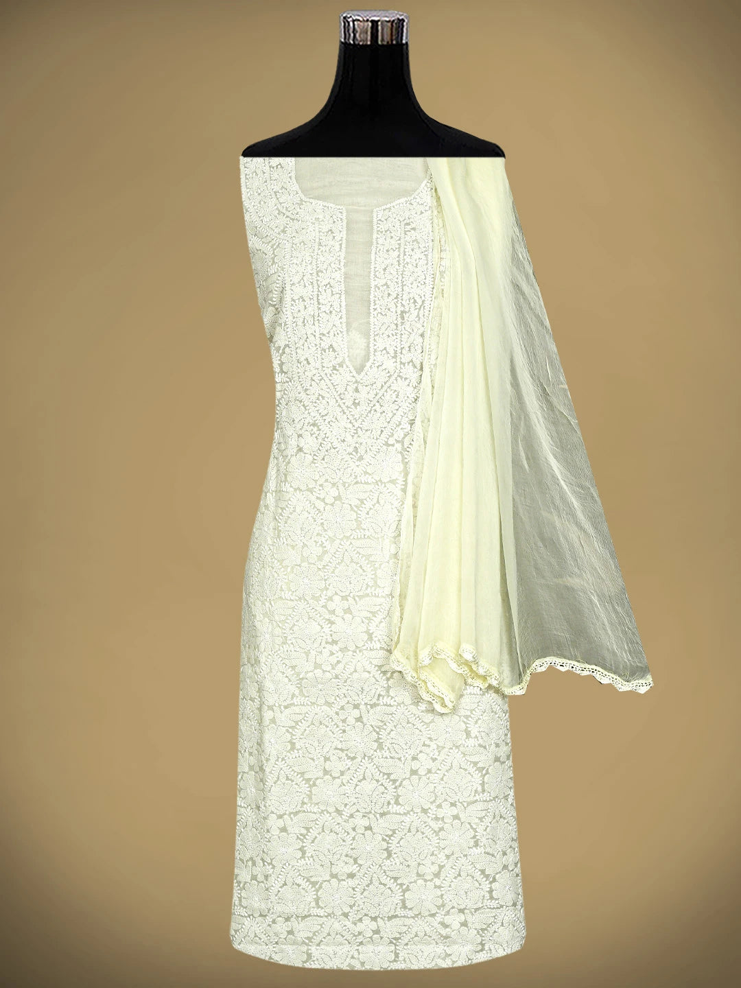 Ada Hand Embroidered Lemon Chiffon Cotton Lucknowi Chikankari Unstitched Suit Piece 01A932480