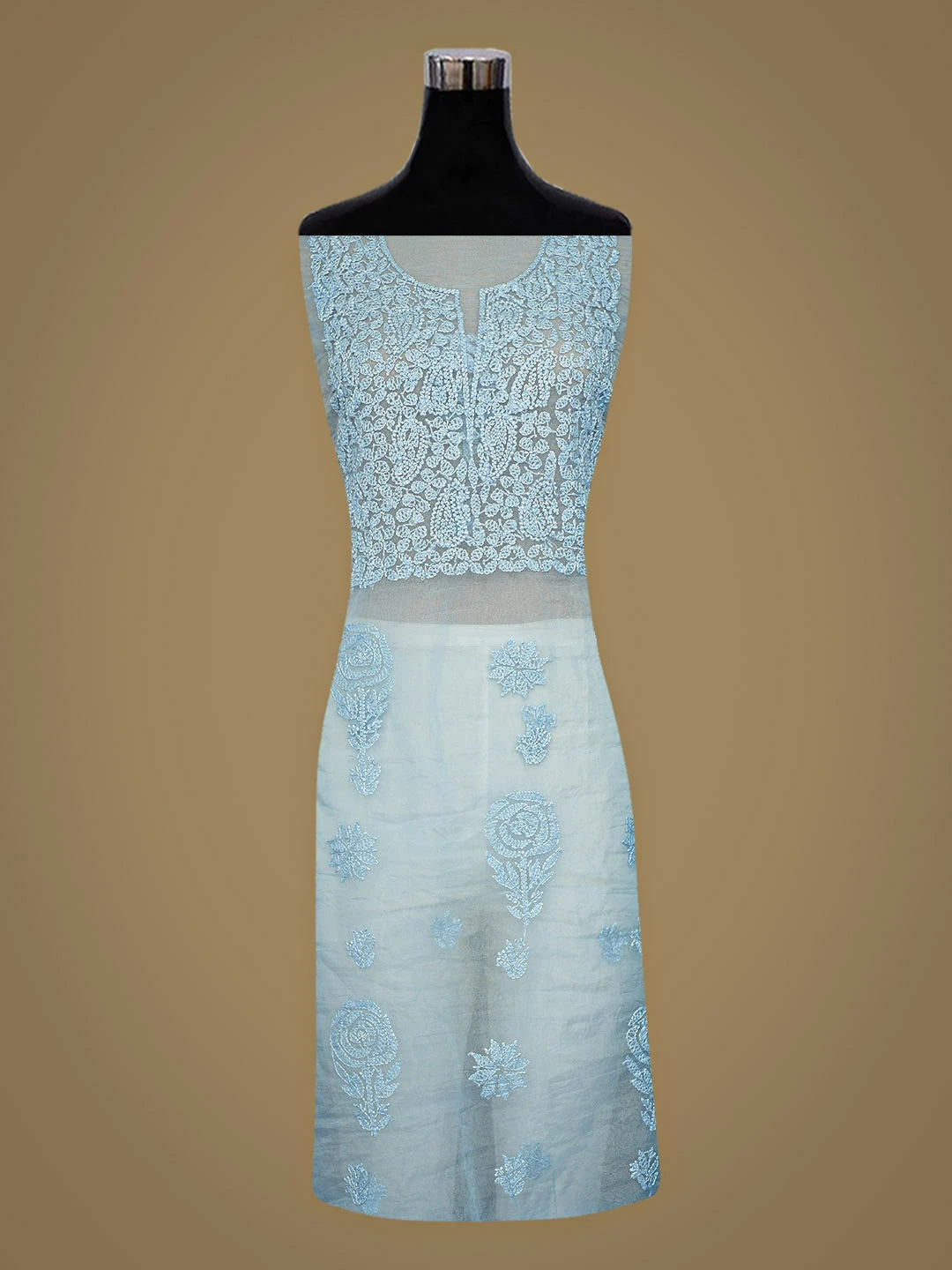 Ada Hand Embroidered Sky Blue Organza Lucknowi Chikankari Unstitched Kurta Dupatta Set 01A907781