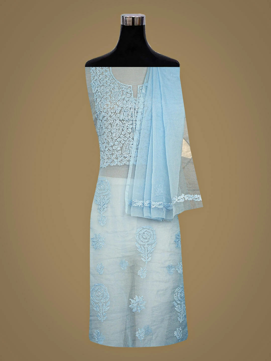 Ada Hand Embroidered Sky Blue Organza Lucknowi Chikankari Unstitched Kurta Dupatta Set 01A907781