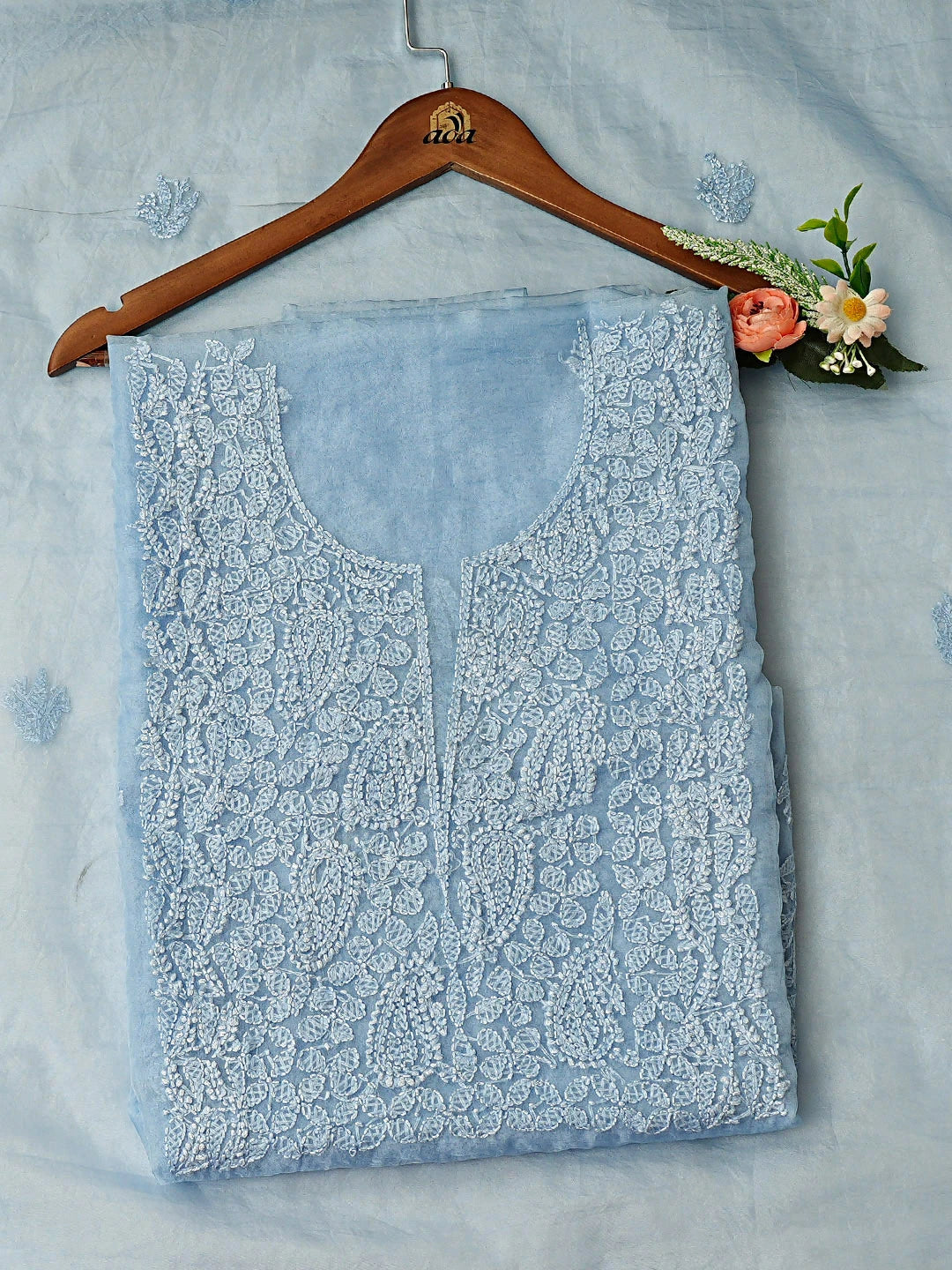 Ada Hand Embroidered Sky Blue Organza Lucknowi Chikankari Unstitched Kurta Dupatta Set 01A907781