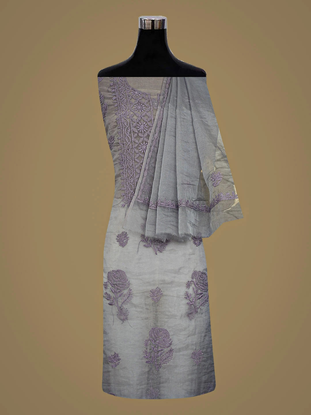 Ada Hand Embroidered Rosy Granite Organza Lucknowi Chikankari Unstitched Kurta Dupatta Set 01A907770