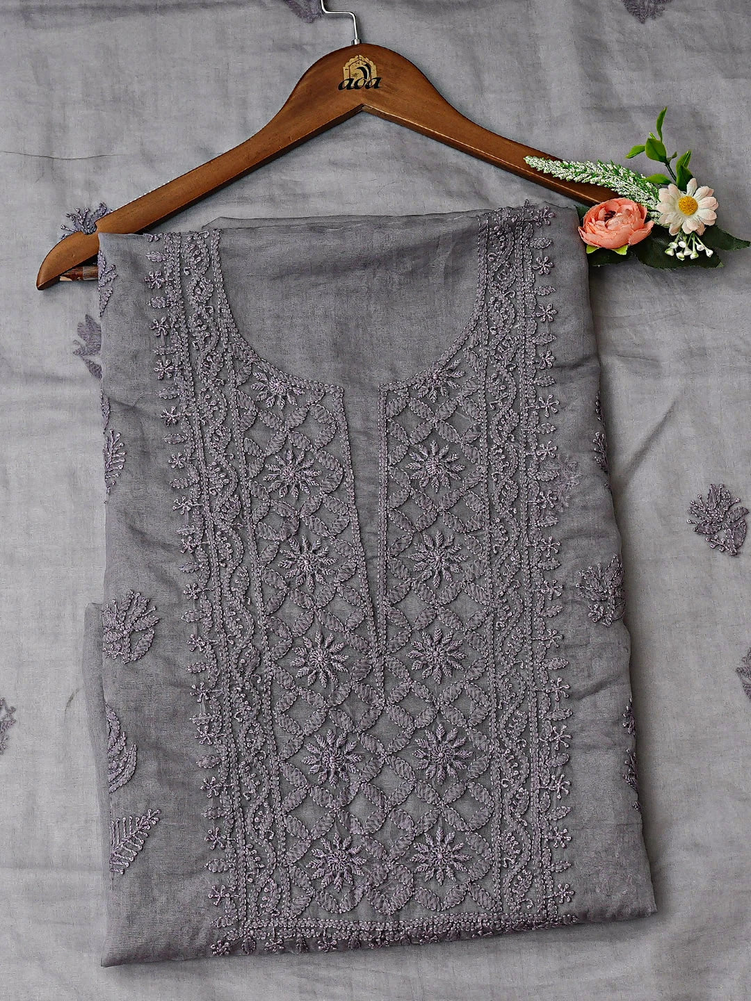 Ada Hand Embroidered Rosy Granite Organza Lucknowi Chikankari Unstitched Kurta Dupatta Set 01A907770