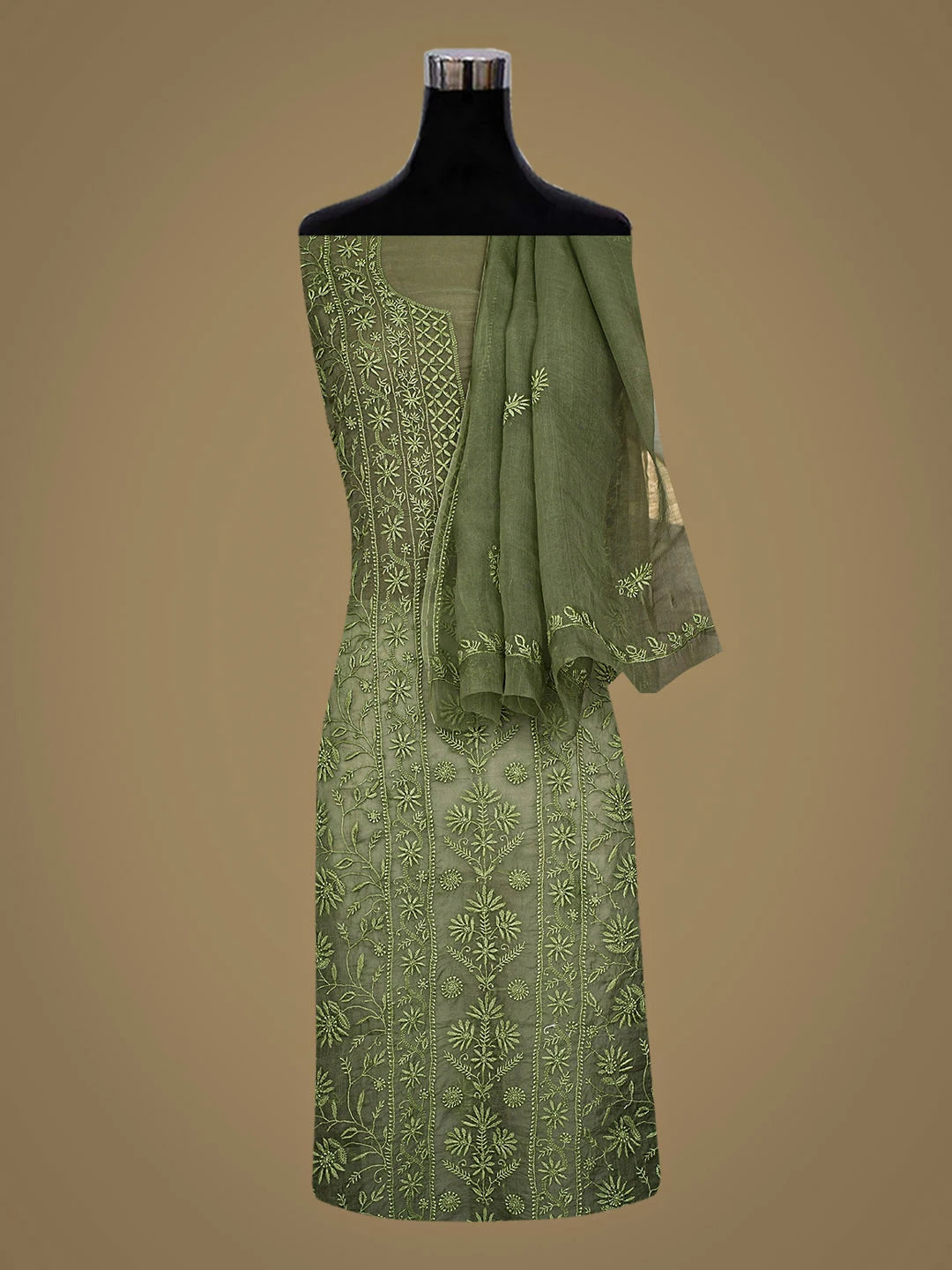 Ada Hand Embroidered Mehandi Green Organza Lucknowi Chikankari Unstitched Kurta Dupatta Set 01A923434