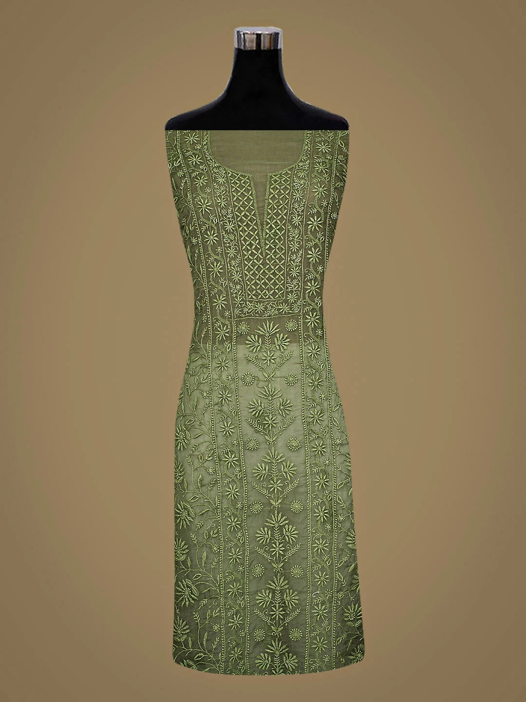 Ada Hand Embroidered Mehandi Green Organza Lucknowi Chikankari Unstitched Kurta Dupatta Set 01A923434