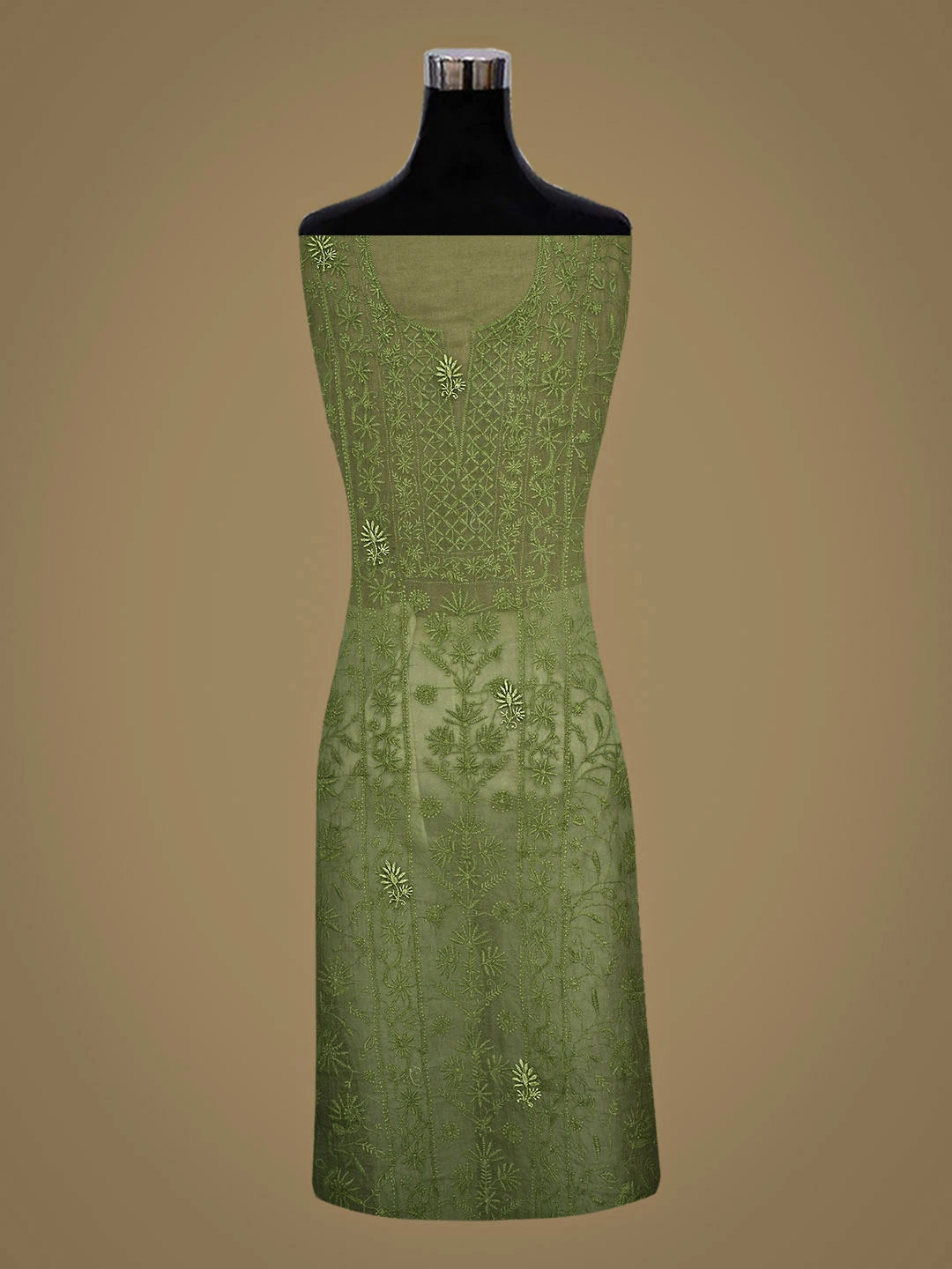 Ada Hand Embroidered Mehandi Green Organza Lucknowi Chikankari Unstitched Kurta Dupatta Set 01A923434
