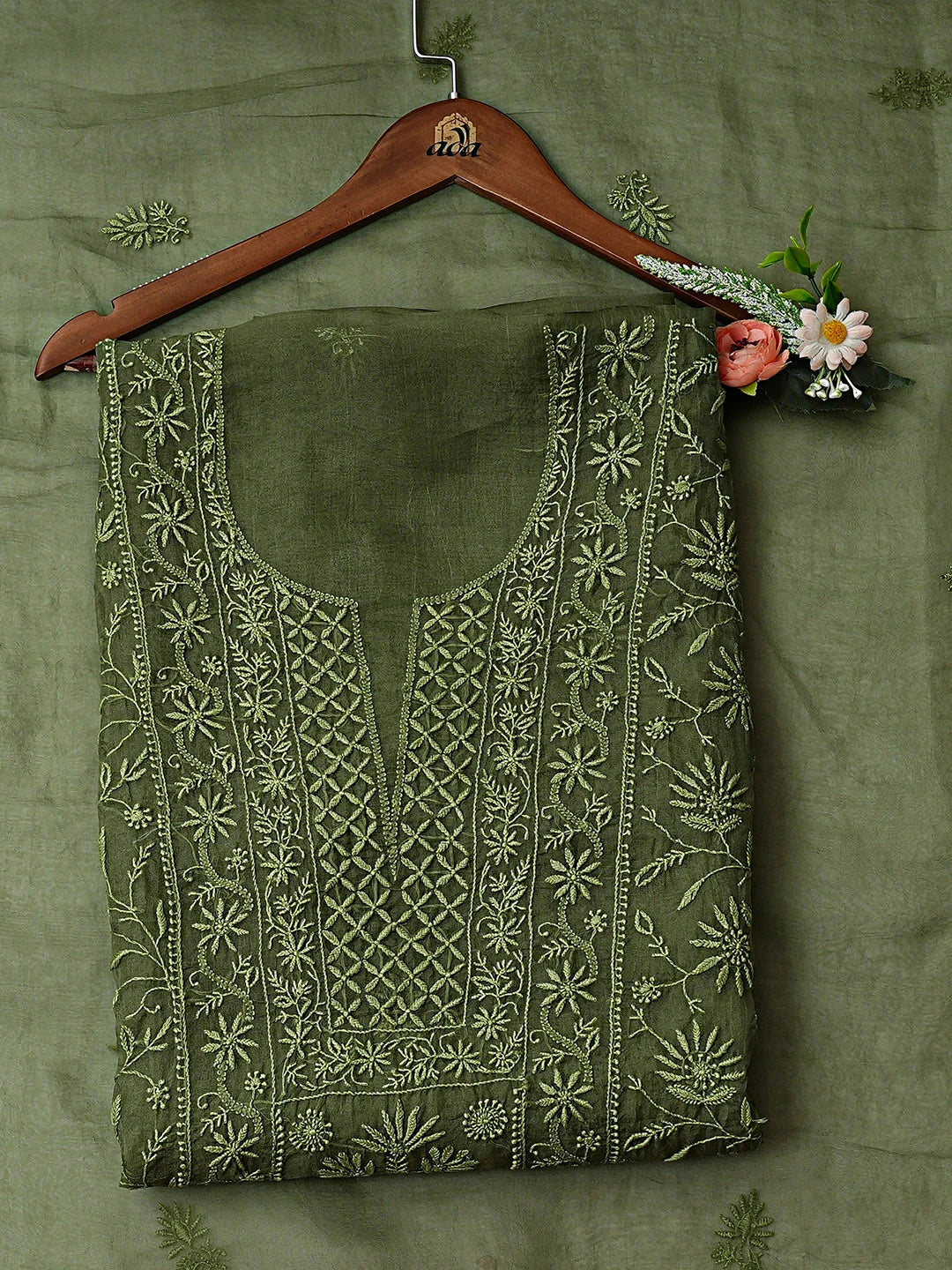 Ada Hand Embroidered Mehandi Green Organza Lucknowi Chikankari Unstitched Kurta Dupatta Set 01A923434