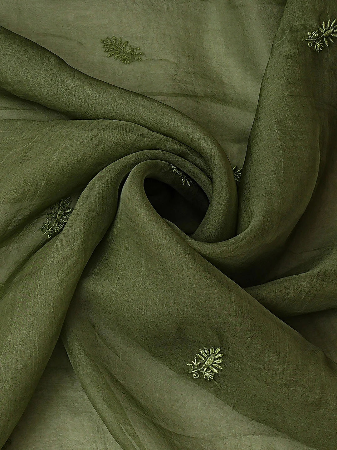 Ada Hand Embroidered Mehandi Green Organza Lucknowi Chikankari Unstitched Kurta Dupatta Set 01A923434
