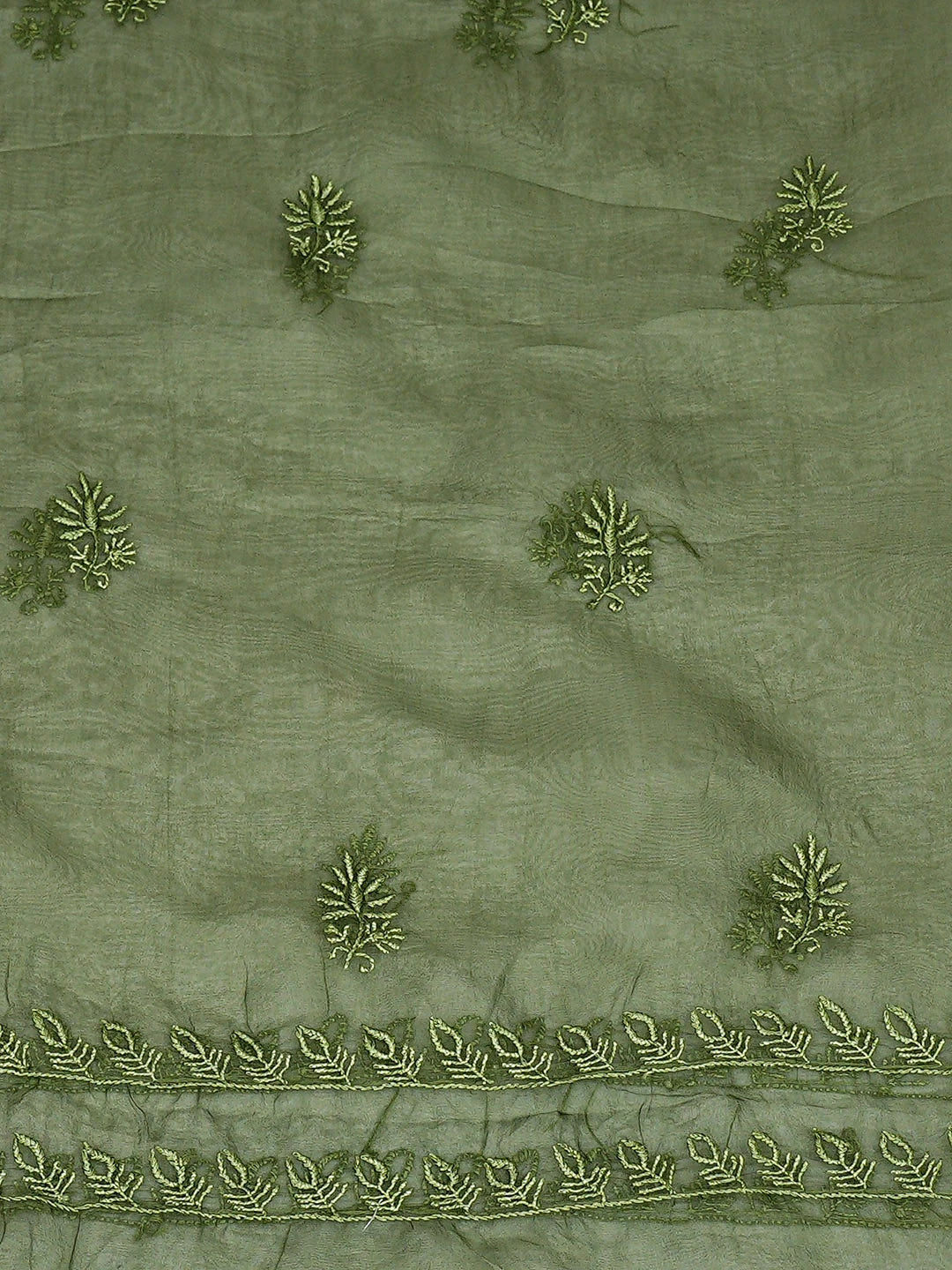 Ada Hand Embroidered Mehandi Green Organza Lucknowi Chikankari Unstitched Kurta Dupatta Set 01A923434