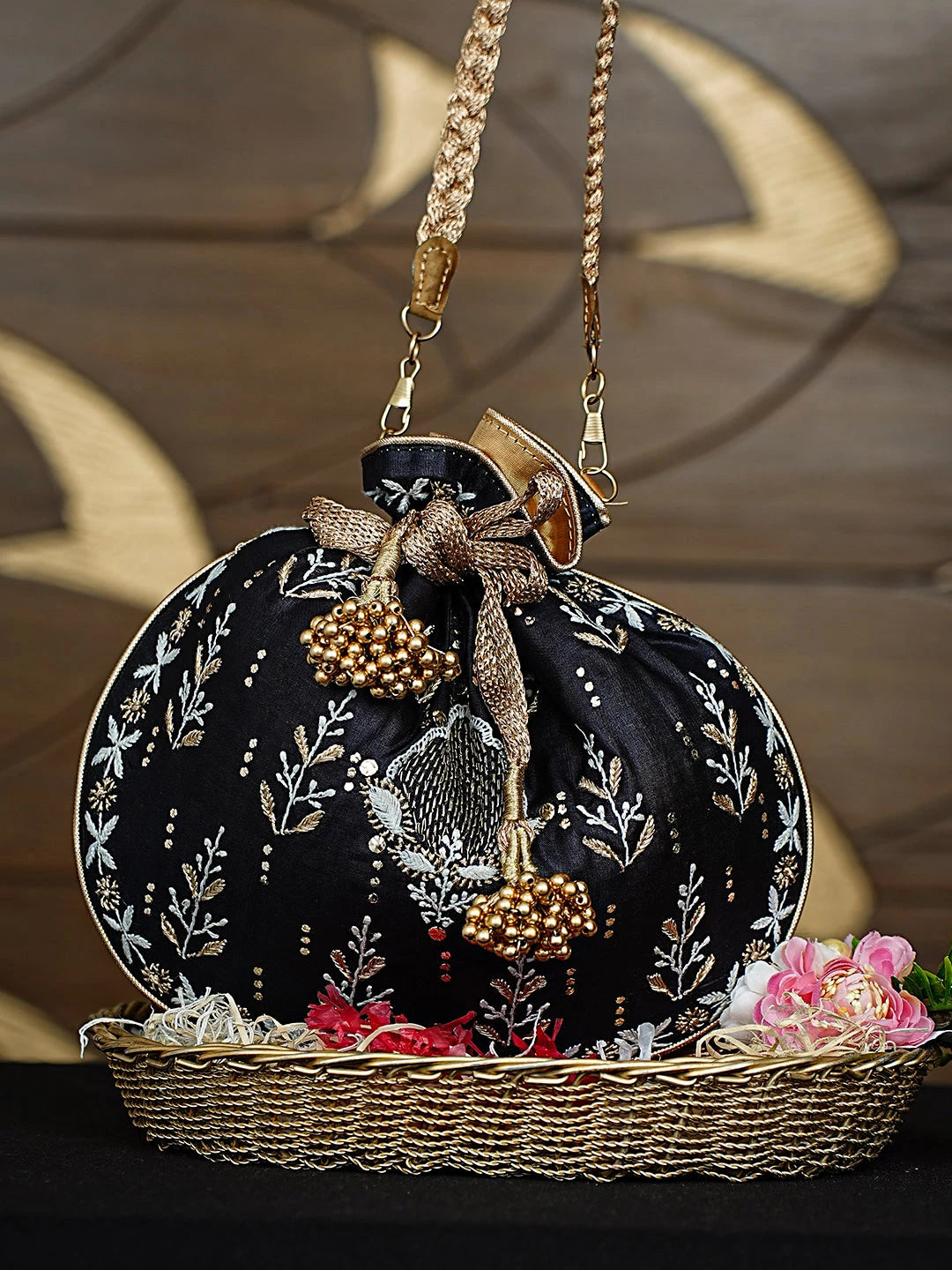 Ada Hand Embroidered Black Silk Lucknowi Chikankari Potli Bag With Zari Work 01A924326