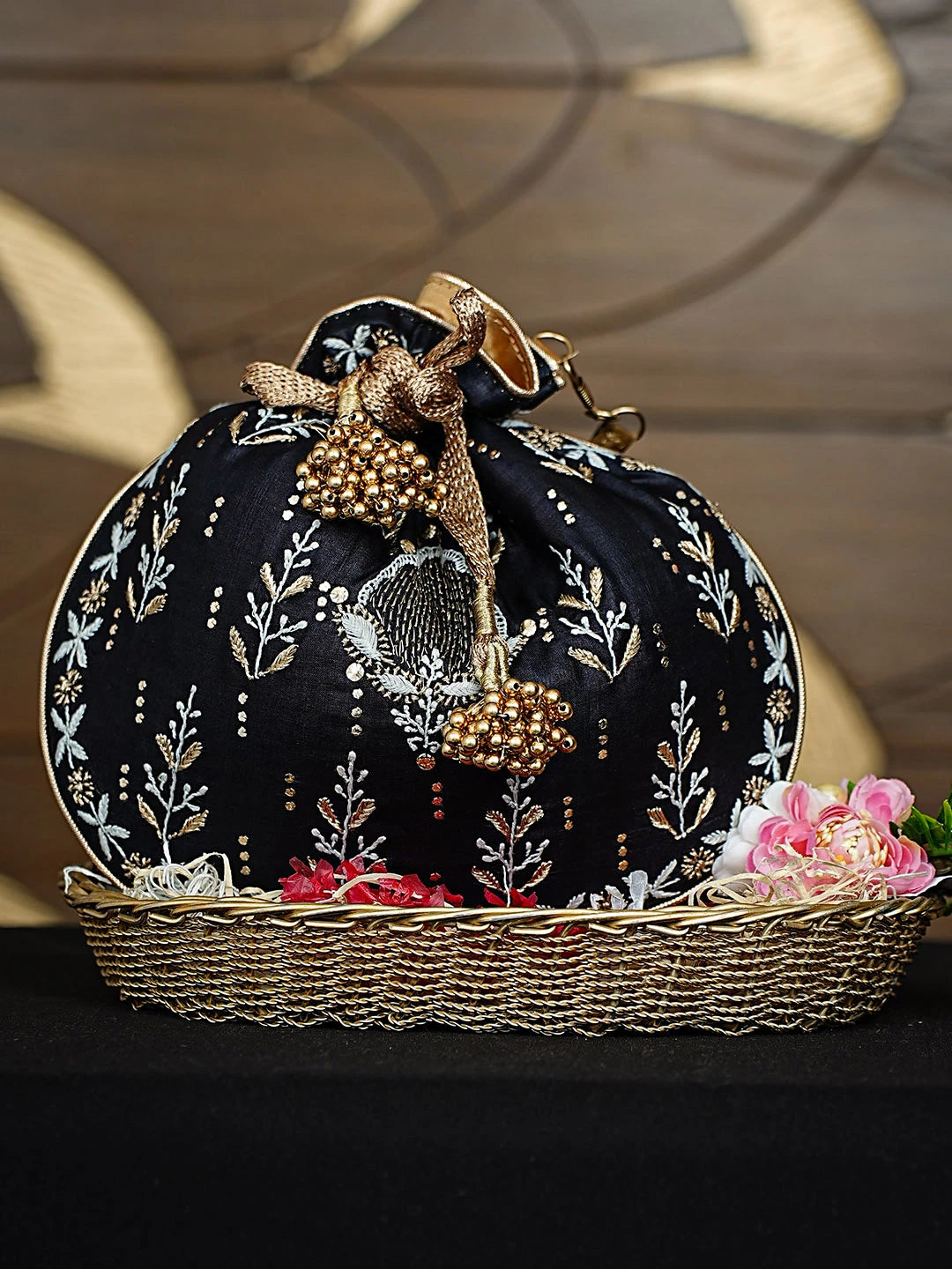 Ada Hand Embroidered Black Silk Lucknowi Chikankari Potli Bag With Zari Work 01A924326