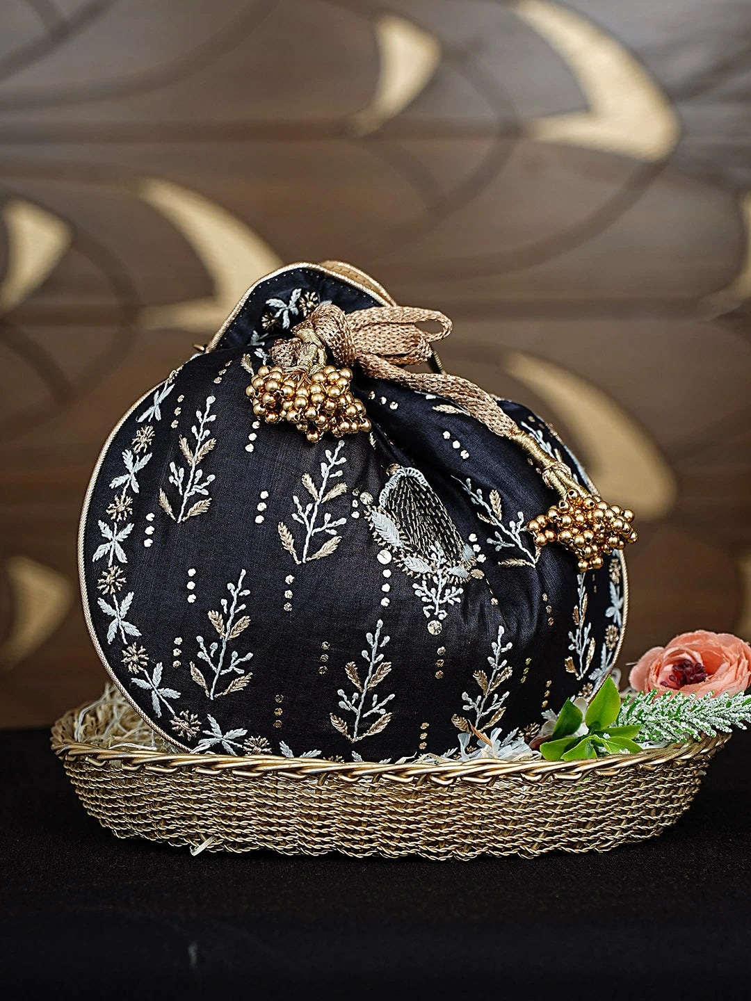 Ada Hand Embroidered Black Silk Lucknowi Chikankari Potli Bag With Zari Work 01A924326