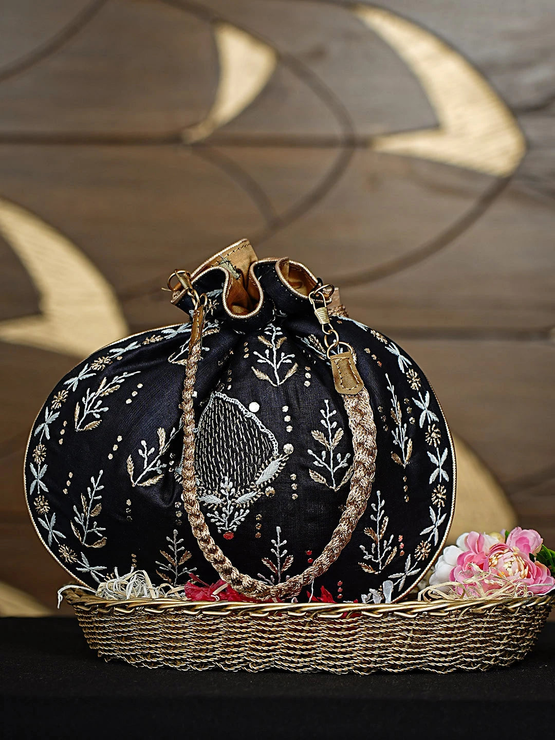 Ada Hand Embroidered Black Silk Lucknowi Chikankari Potli Bag With Zari Work 01A924326