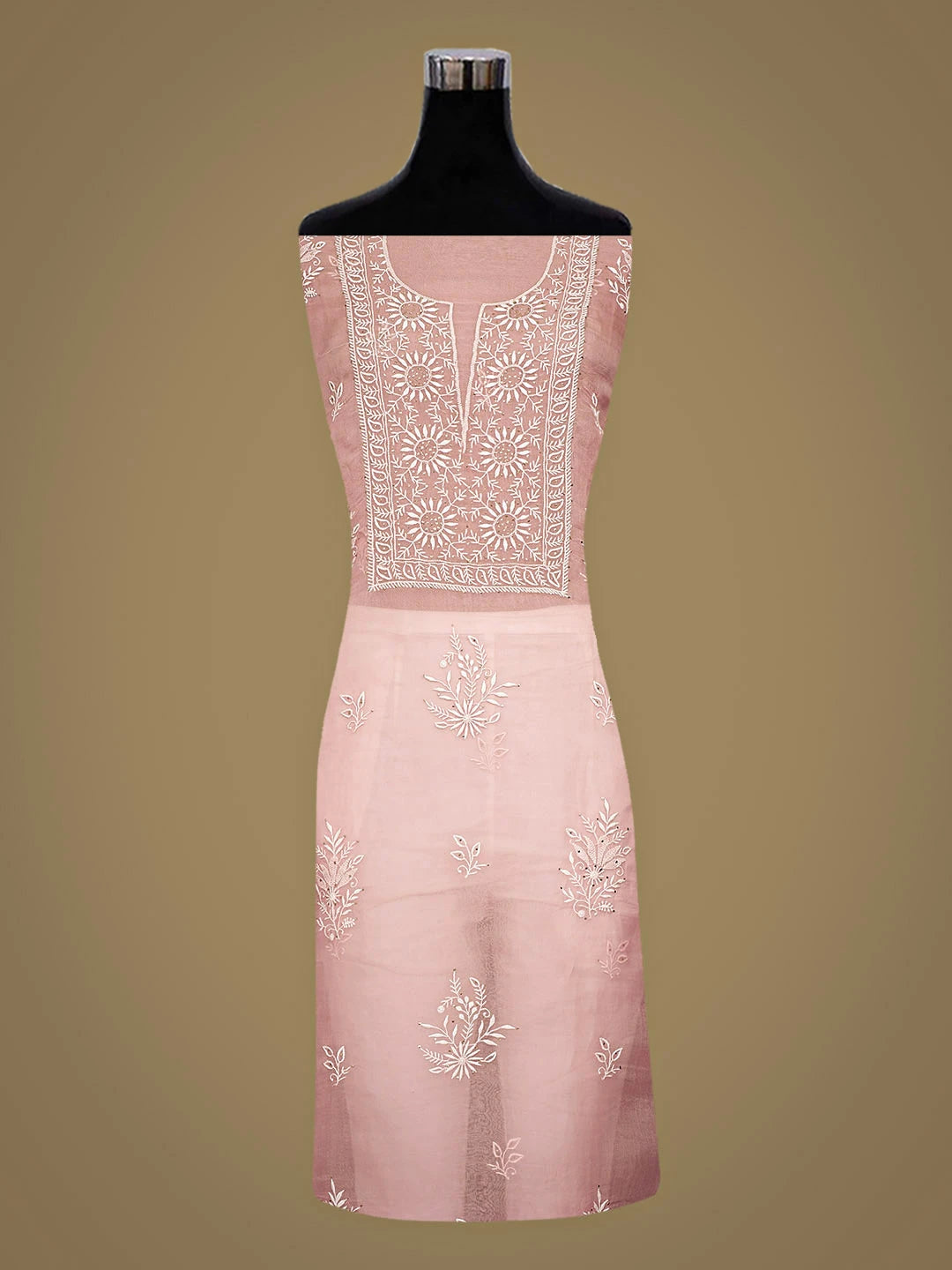 Ada Hand Embroidered Pink Organza Lucknowi Chikankari Unstitched Kurta Dupatta Set With Muqaish/Mukaish Work 01A919851