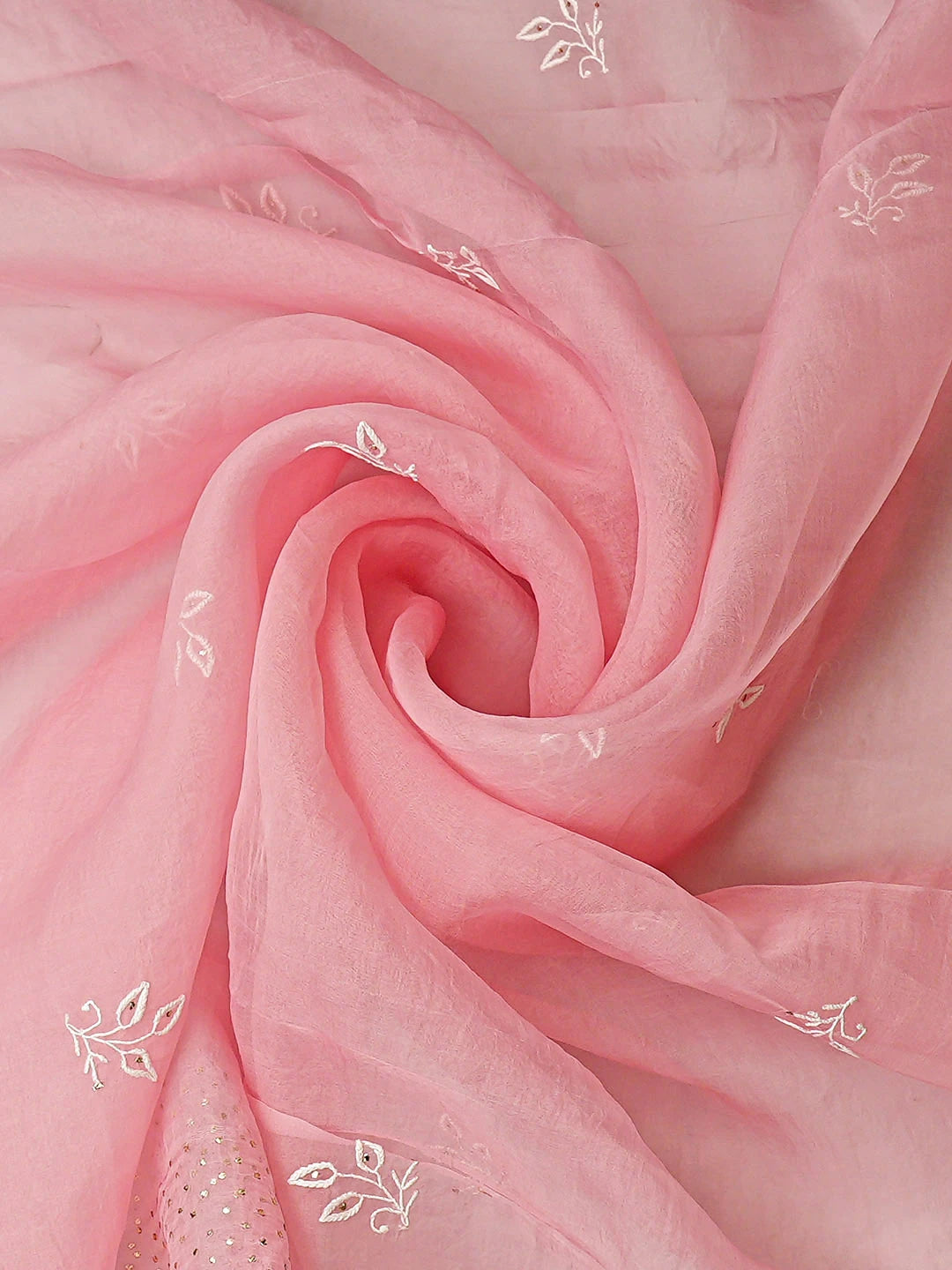Ada Hand Embroidered Pink Organza Lucknowi Chikankari Unstitched Kurta Dupatta Set With Muqaish/Mukaish Work 01A919851