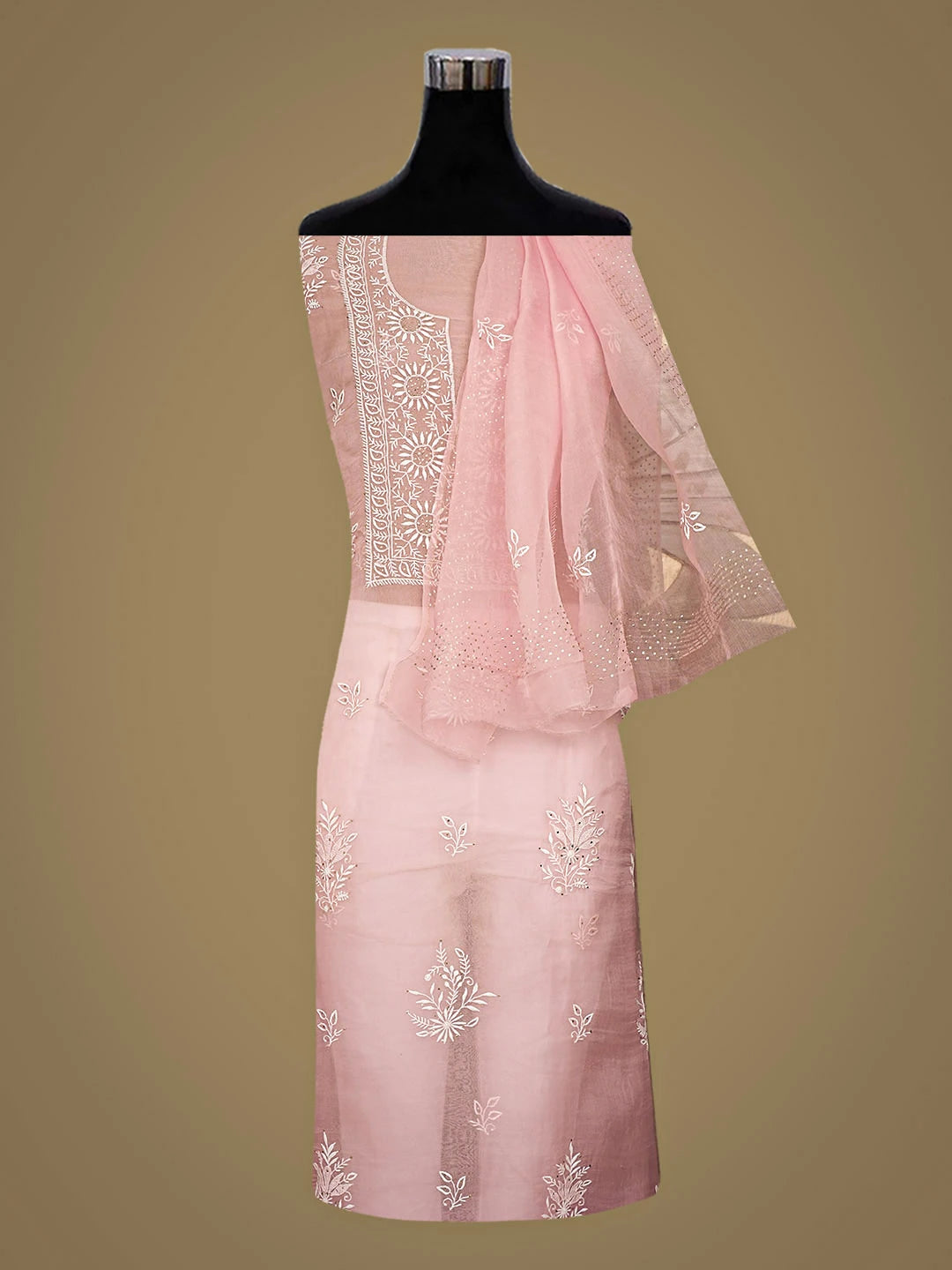 Ada Hand Embroidered Pink Organza Lucknowi Chikankari Unstitched Kurta Dupatta Set With Muqaish/Mukaish Work 01A919851