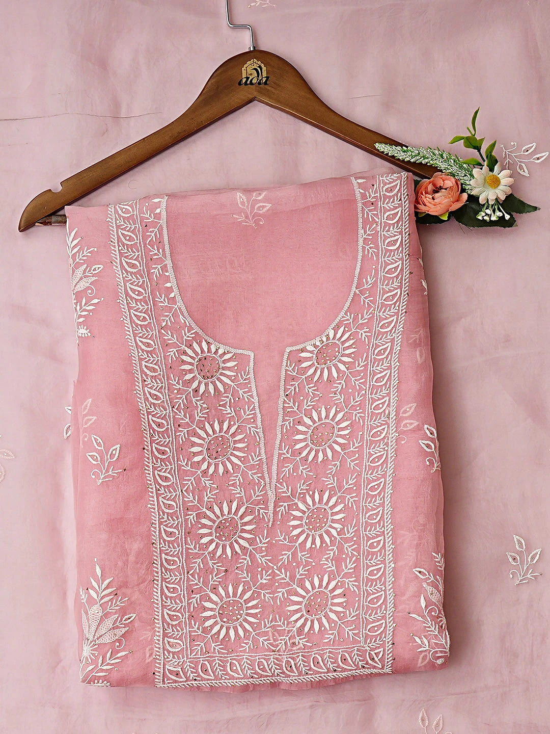 Ada Hand Embroidered Pink Organza Lucknowi Chikankari Unstitched Kurta Dupatta Set With Muqaish/Mukaish Work 01A919851