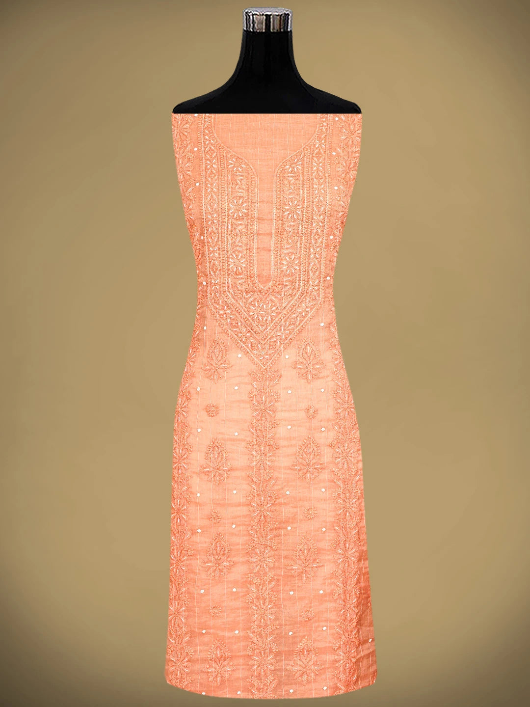 Ada Hand Embroidered Peach Chanderi Lucknowi Chikankari Unstitched Kurta Dupatta Set With Cutdana Work 01A922079