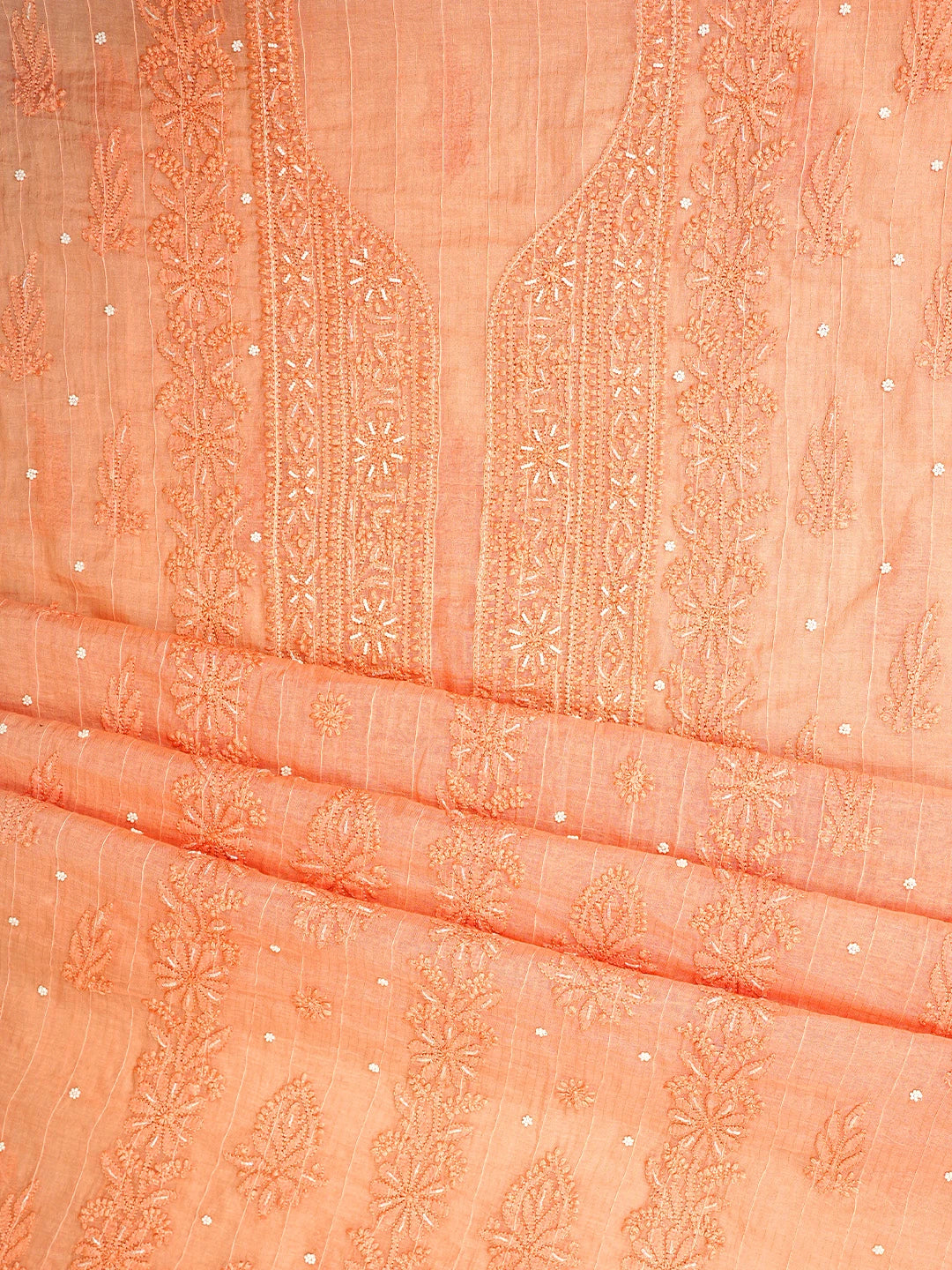 Ada Hand Embroidered Peach Chanderi Lucknowi Chikankari Unstitched Kurta Dupatta Set With Cutdana Work 01A922079