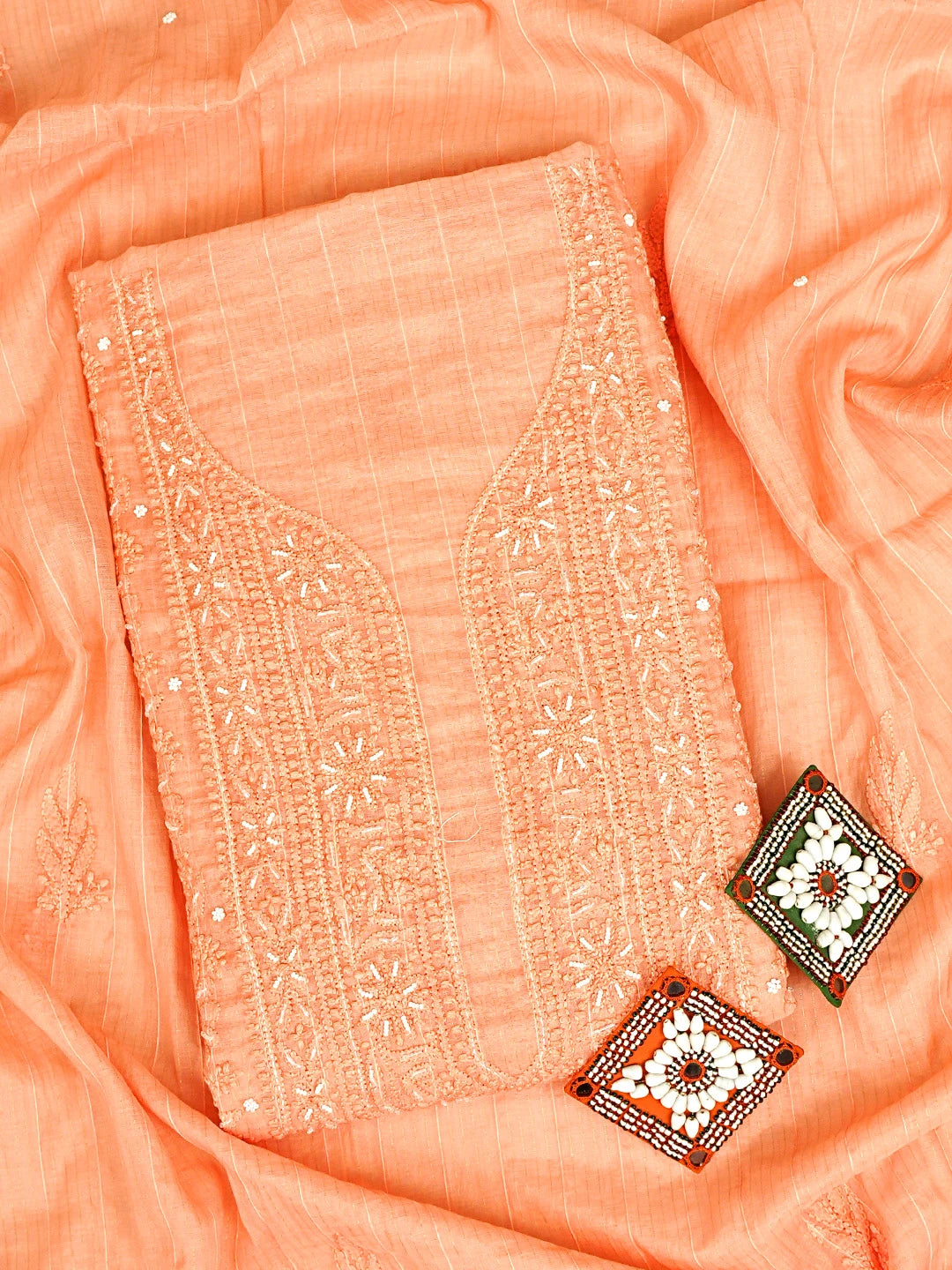 Ada Hand Embroidered Peach Chanderi Lucknowi Chikankari Unstitched Kurta Dupatta Set With Cutdana Work 01A922079