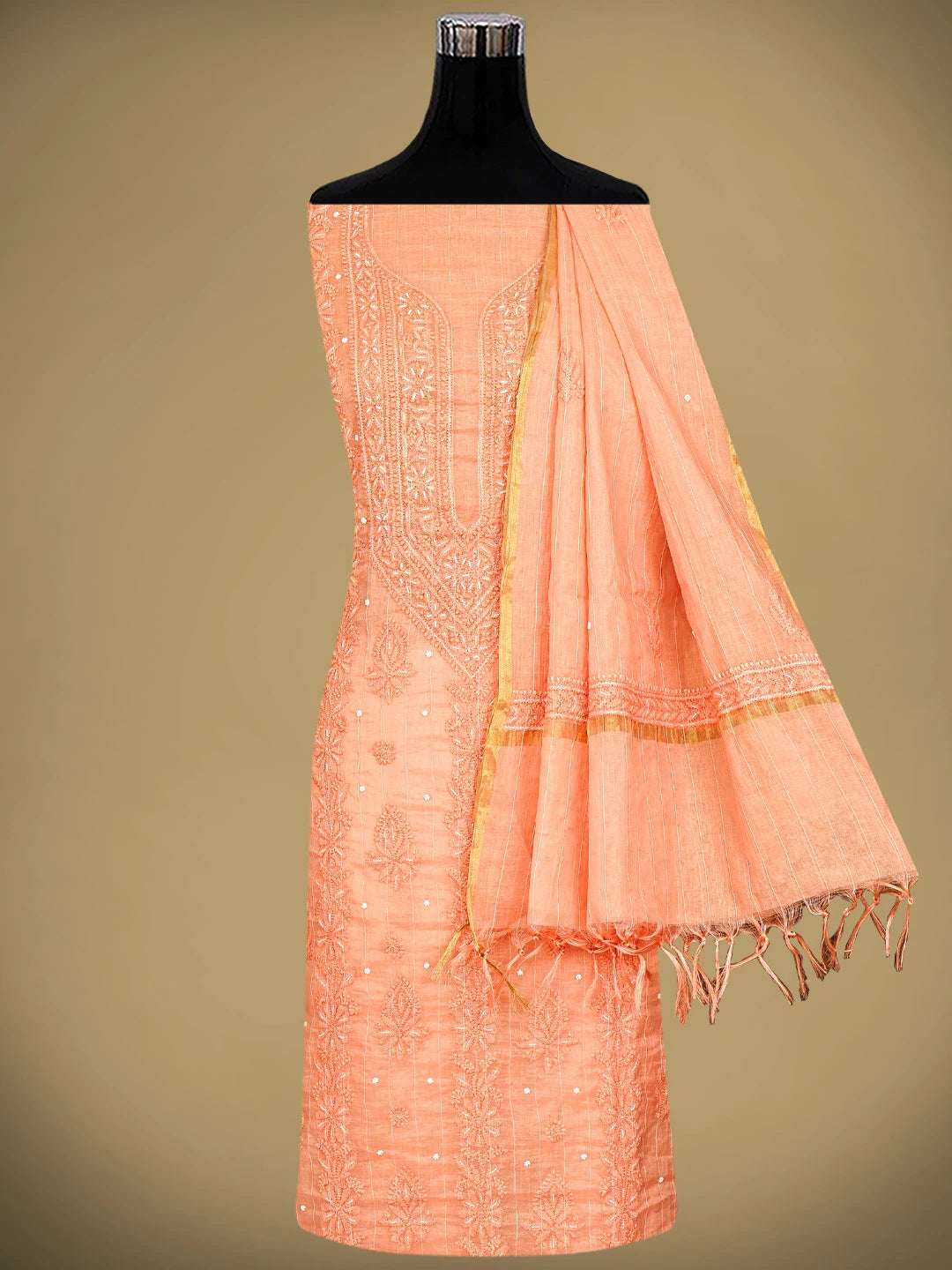 Ada Hand Embroidered Peach Chanderi Lucknowi Chikankari Unstitched Kurta Dupatta Set With Cutdana Work 01A922079