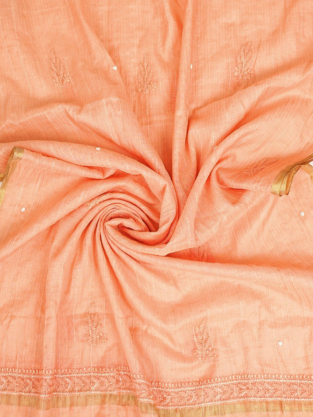 Ada Hand Embroidered Peach Chanderi Lucknowi Chikankari Unstitched Kurta Dupatta Set With Cutdana Work 01A922079