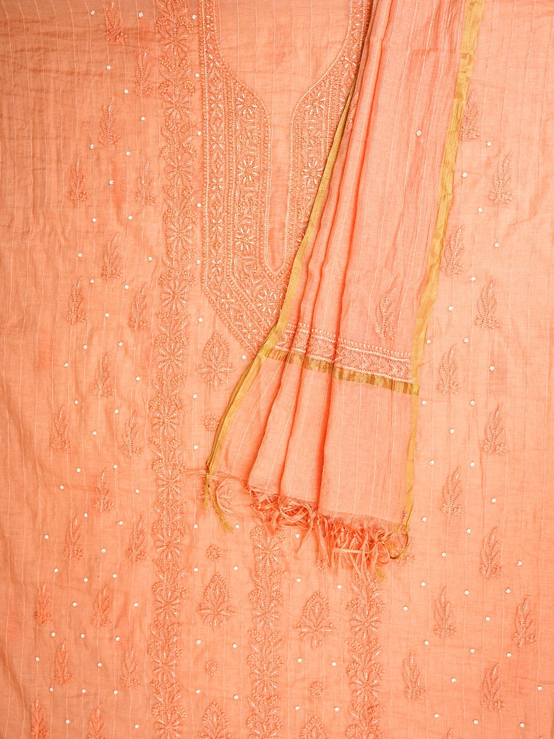 Ada Hand Embroidered Peach Chanderi Lucknowi Chikankari Unstitched Kurta Dupatta Set With Cutdana Work 01A922079