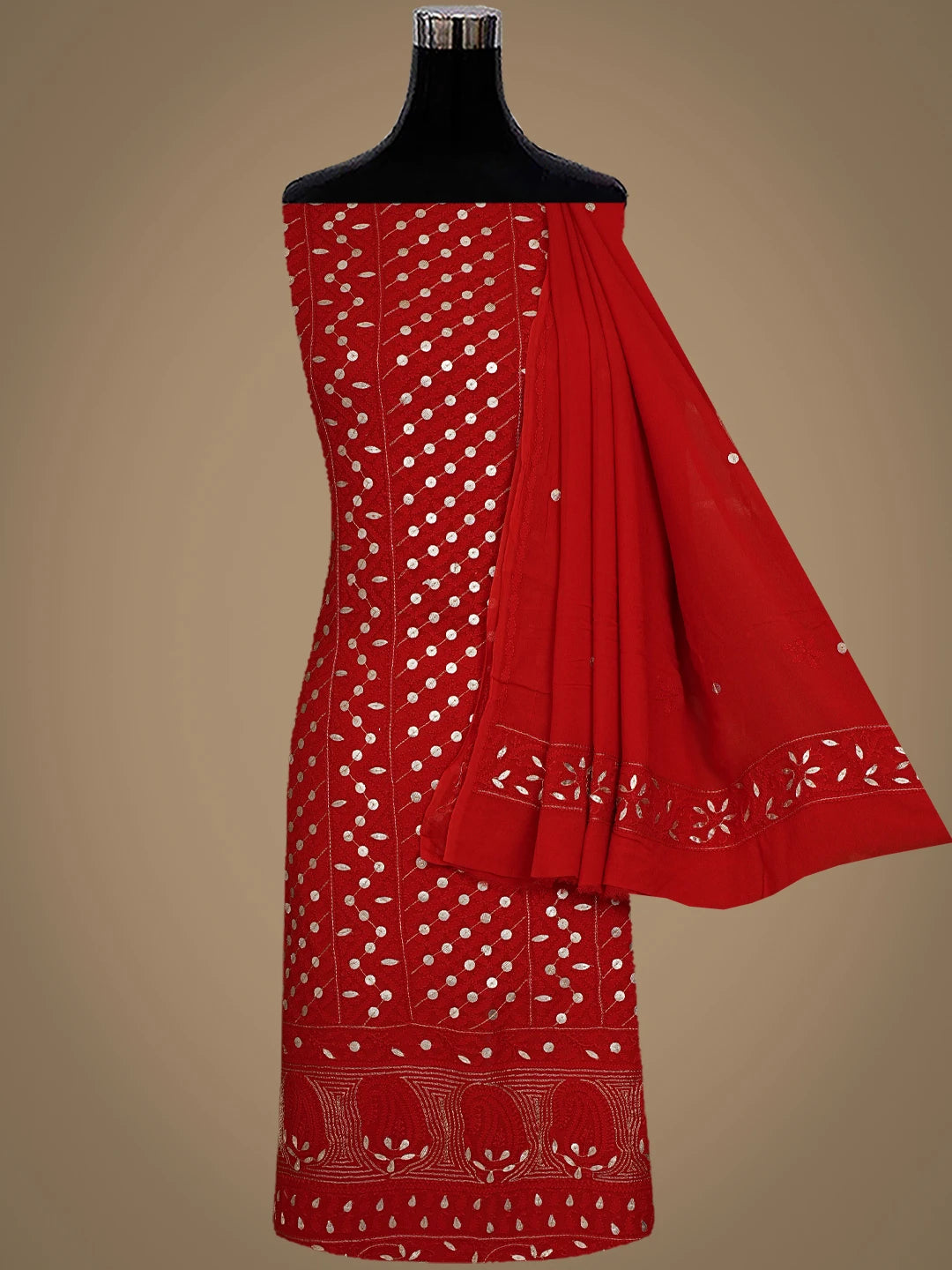 Ada Hand Embroidered Red Viscose Georgette Lucknowi Chikankari Unstitched Kurta Dupatta Set With Gota Patti Work 01A893419
