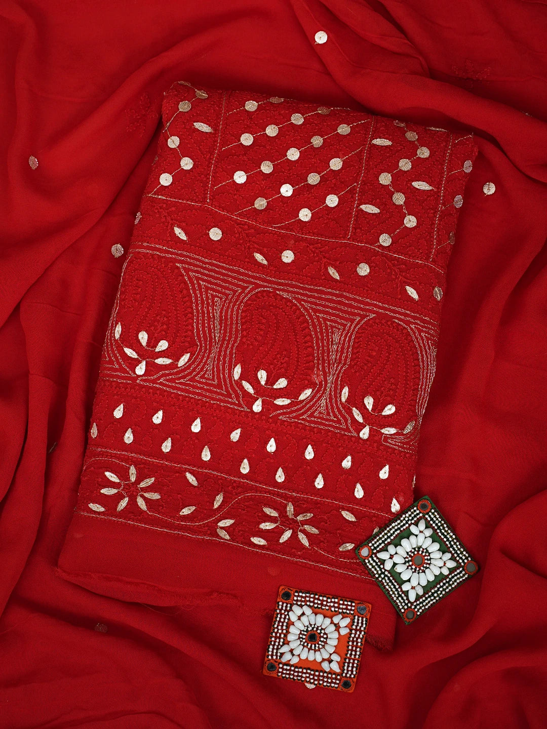 Ada Hand Embroidered Red Viscose Georgette Lucknowi Chikankari Unstitched Kurta Dupatta Set With Gota Patti Work 01A893419