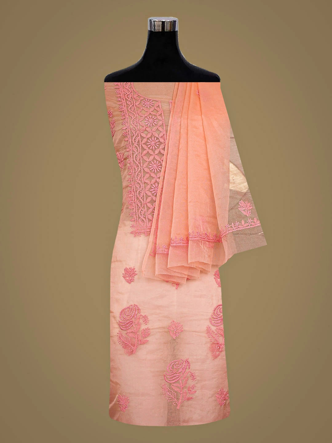 Ada Hand Embroidered Peach Organza Lucknowi Chikankari Unstitched Kurta Dupatta Set 01A907771