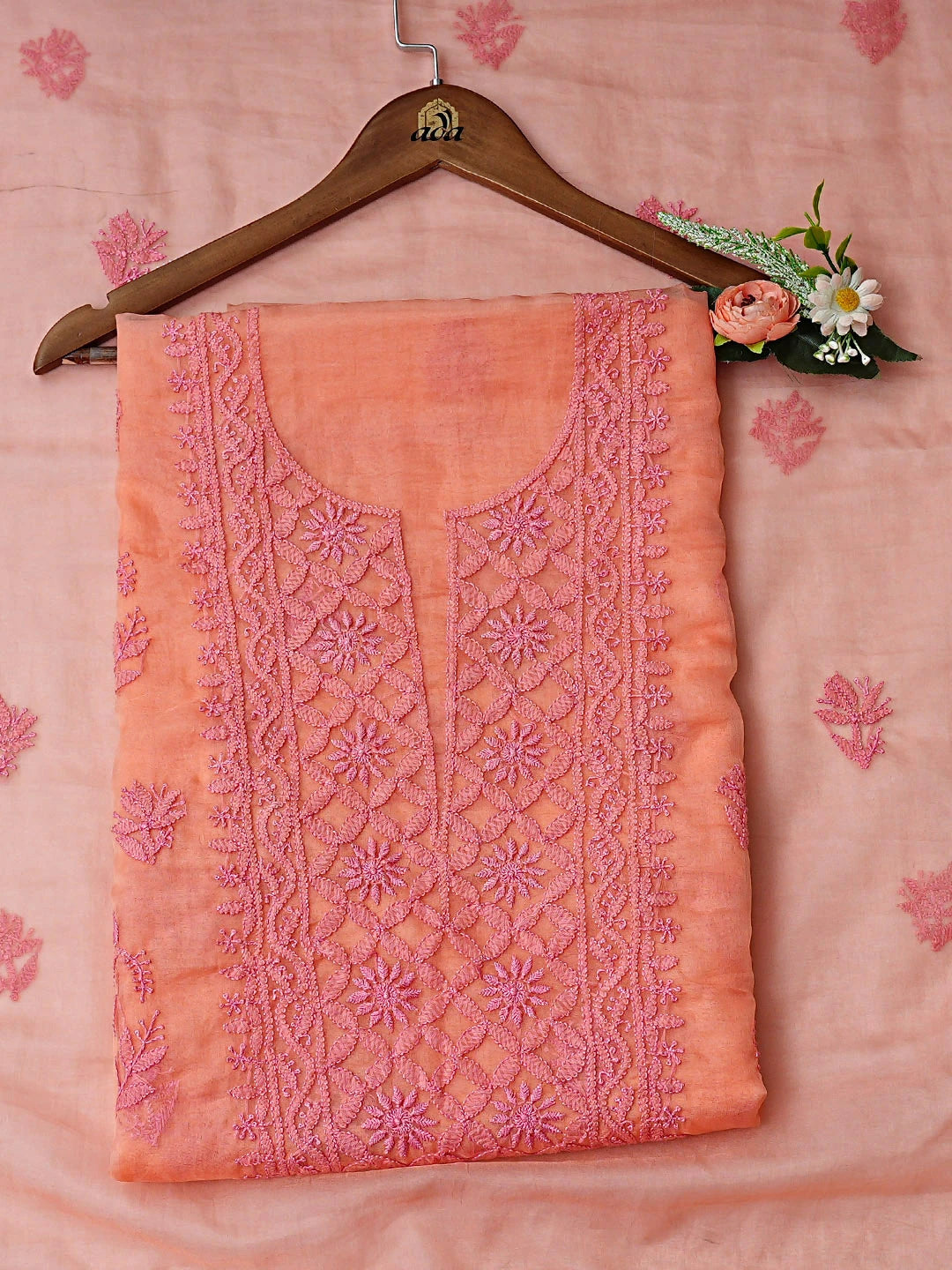 Ada Hand Embroidered Peach Organza Lucknowi Chikankari Unstitched Kurta Dupatta Set 01A907771