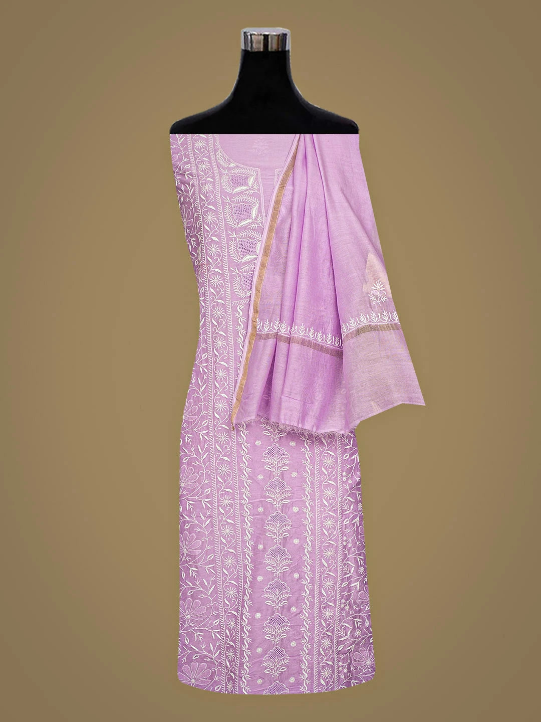 Ada Hand Embroidered Mauve Chanderi Lucknowi Chikankari Unstitched Kurta Dupatta Set 01A923335