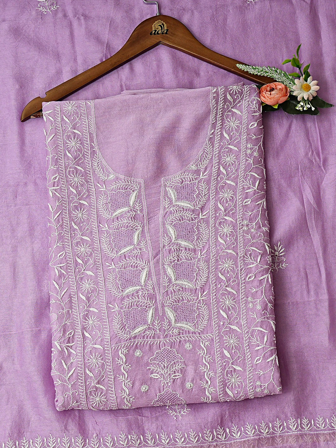 Ada Hand Embroidered Mauve Chanderi Lucknowi Chikankari Unstitched Kurta Dupatta Set 01A923335