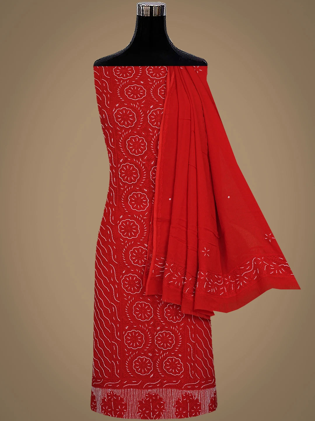 Ada Hand Embroidered Red Viscose Georgette Lucknowi Chikankari Unstitched Kurta Dupatta Set With Cutdana Work 01A850900