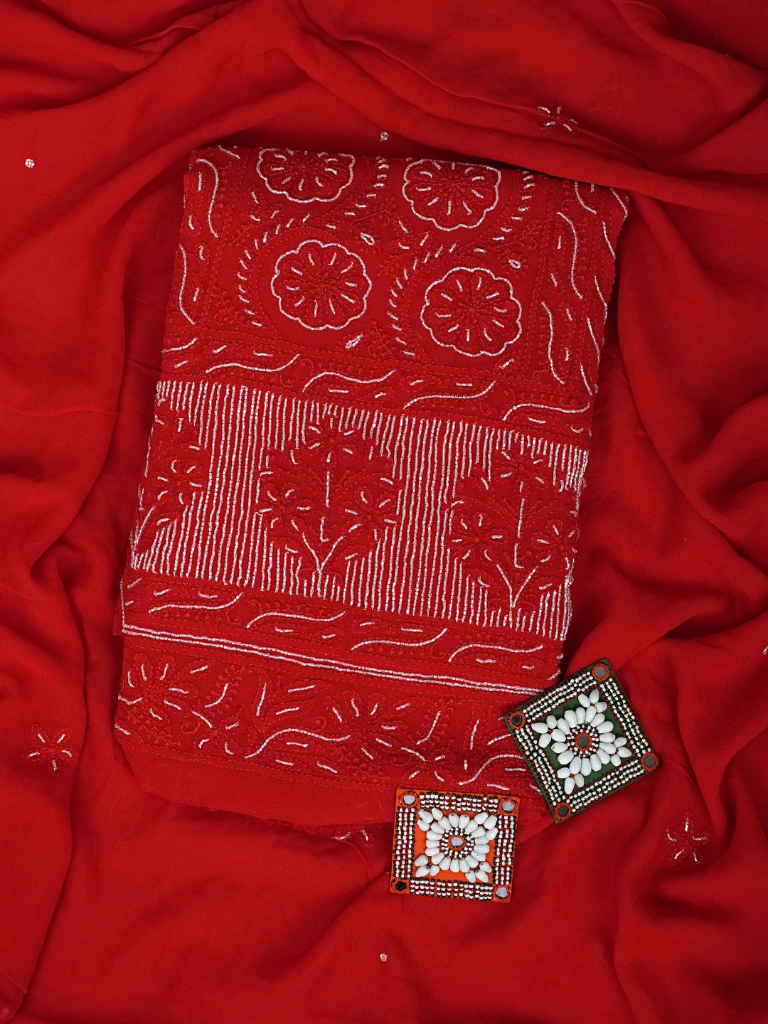 Ada Hand Embroidered Red Viscose Georgette Lucknowi Chikankari Unstitched Kurta Dupatta Set With Cutdana Work 01A850900